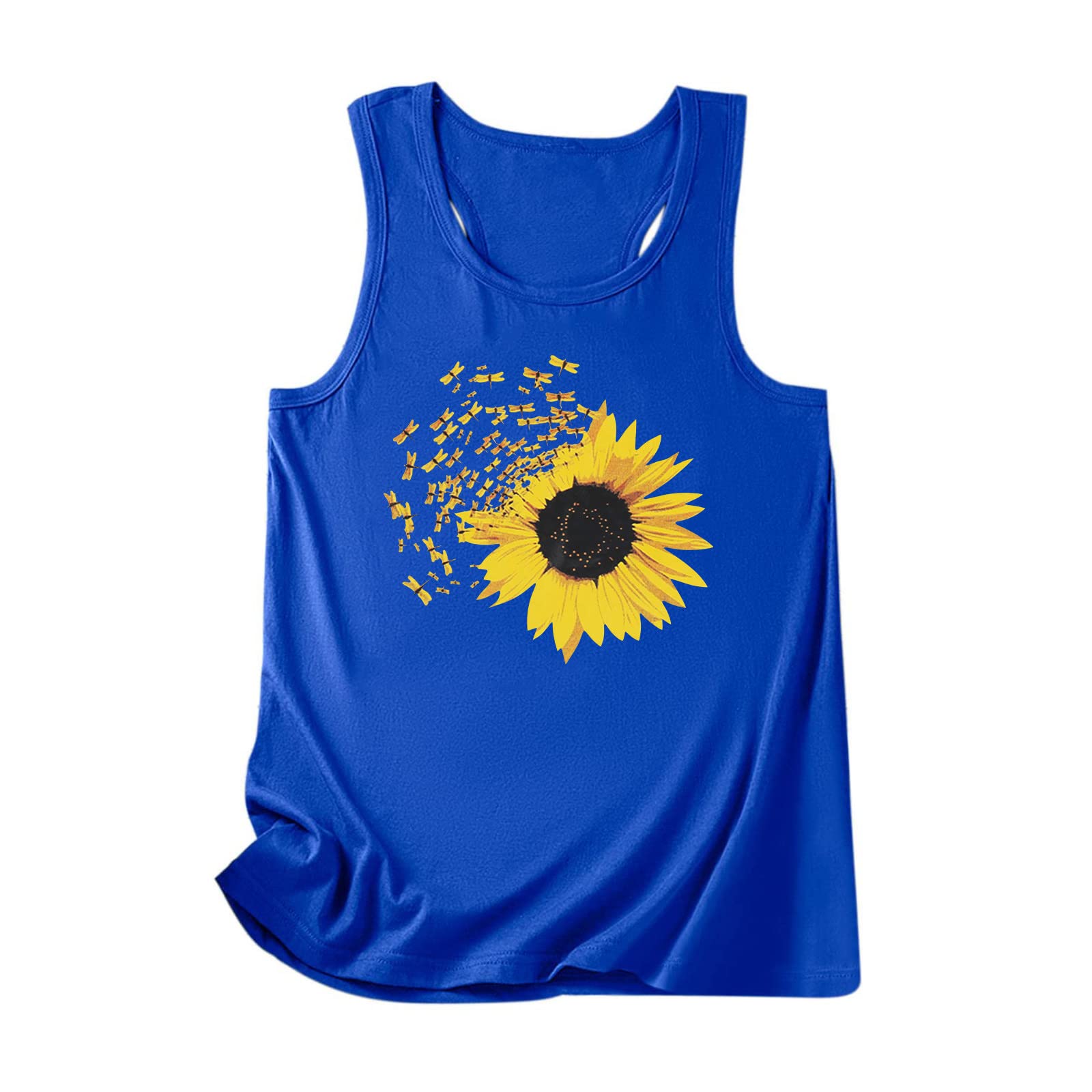 2022 Women's Sunflower Print Round Neck Sleeveless T-Shirt - Casual Tank Tunic Blouse Top for Summer Outfits & Beach Wear