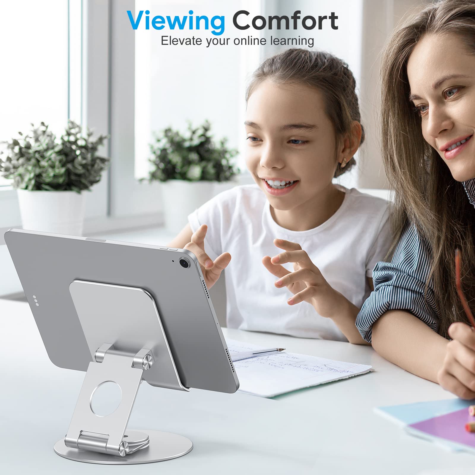 OMOTON 360° Rotating Swivel Tablet Stand - Adjustable & Foldable iPad Holder for iPad Pro/Air/Mini, Drawing, Watching Videos & Reading - Silver (Ideal for Home, Office & Travel Use)