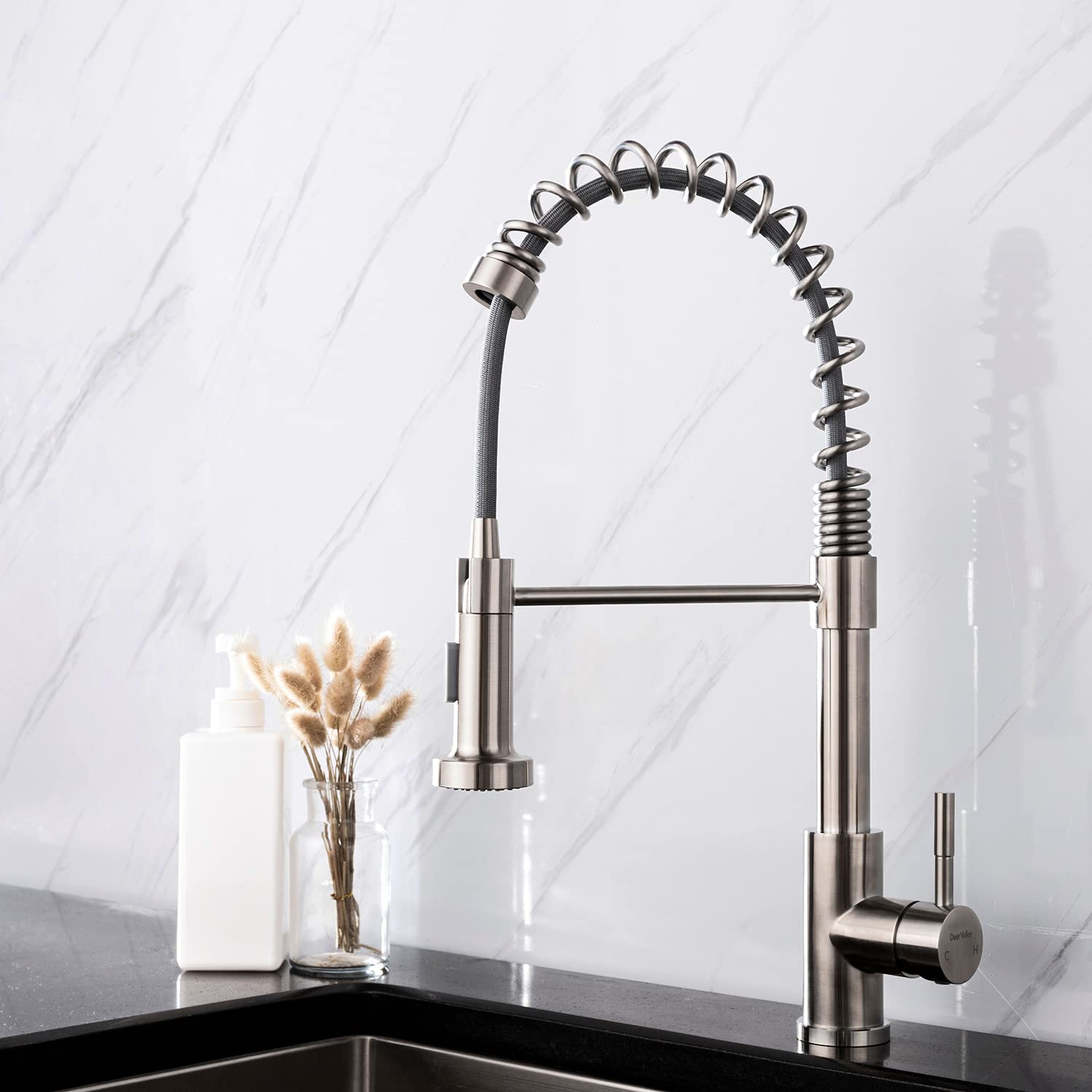 DeerValley DV-1J82101 Brushed Nickel Single Handle Pull Down Kitchen Faucet with Spring Sprayer - Modern Stainless Steel Sink Faucet for Home, Restaurant & Commercial Use