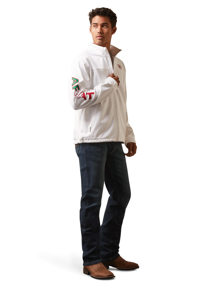 Ariat Men's New Team Softshell Jacket - Mexico Edition in White | Water-Resistant & Breathable for Outdoor Work & Casual Wear