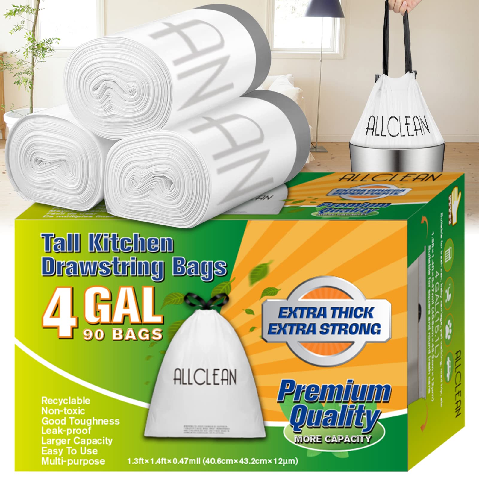 Ultra Strong 4 Gallon Drawstring Trash Bags - 90 Count Small Kitchen Garbage Bags for Bathroom, Office, Bedroom & Wastebasket | Heavy Duty, Leak Proof & Odor Control | Perfect for Home, Office & Commercial Use