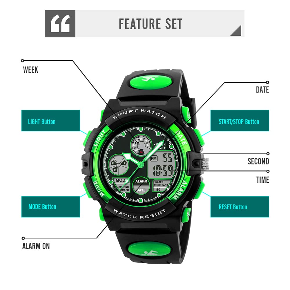 PASNEW Kids Sports Watch for Boys - Waterproof LED Digital Watch with Alarm, Calendar & 50M Water Resistance - Luminous Green Dial for Outdoor Activities, Swimming & School Use