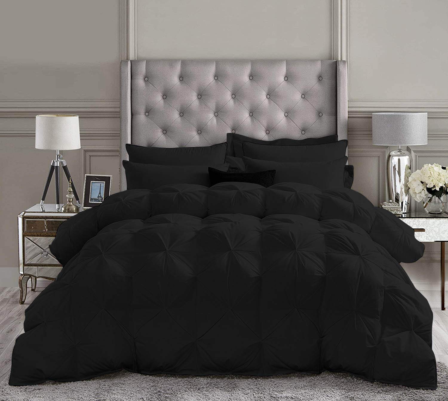 Luxury 500 GSM Black 5-Piece Pinch Pleated Super Queen Size Comforter Set (Comforter + 4 Pillowcases) - 1000 Series Premium Egyptian Cotton Bedding for Ultimate Comfort - Perfect for Master Bedrooms, Guest Rooms & Cozy Winter Nights