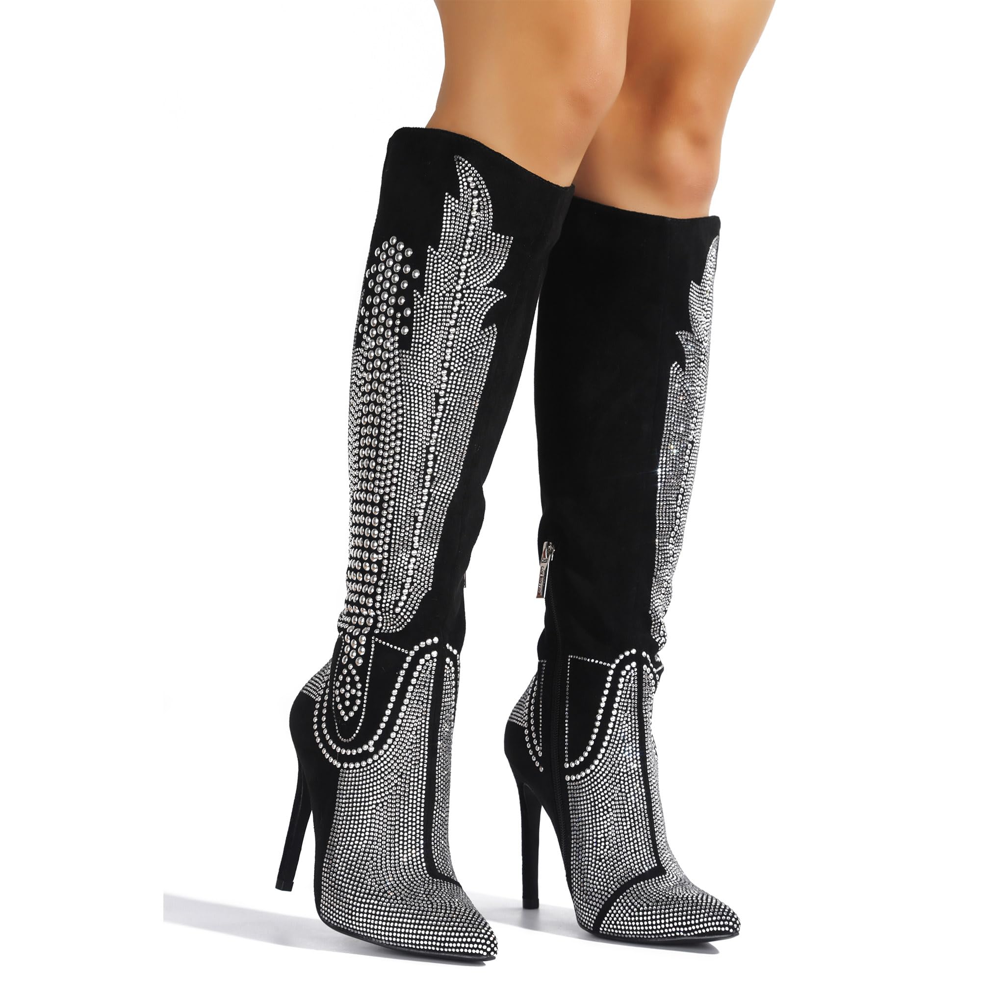 Cape Robbin Women's Rhinestone Western Cowboy Boots - Knee-High Wide Calf Stiletto Heel Dress Boots for Country Dancing & Night Out (Olkley)