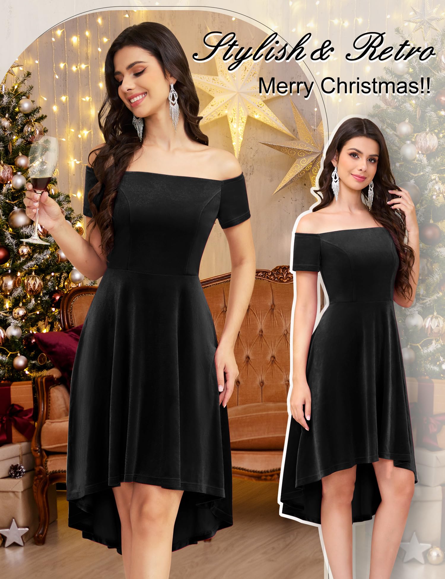 Elegant Off Shoulder Velvet High Low Evening Dress for Women 2024 | Cocktail Party, Formal Prom, Wedding Guest Gown | Perfect for Special Occasions & Night Out