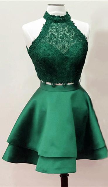 Elegant A-Line High Neck Lace Crop Satin Homecoming Dress 2-Piece Set for Prom, Party & Special Occasions | Women's Formal Outfit