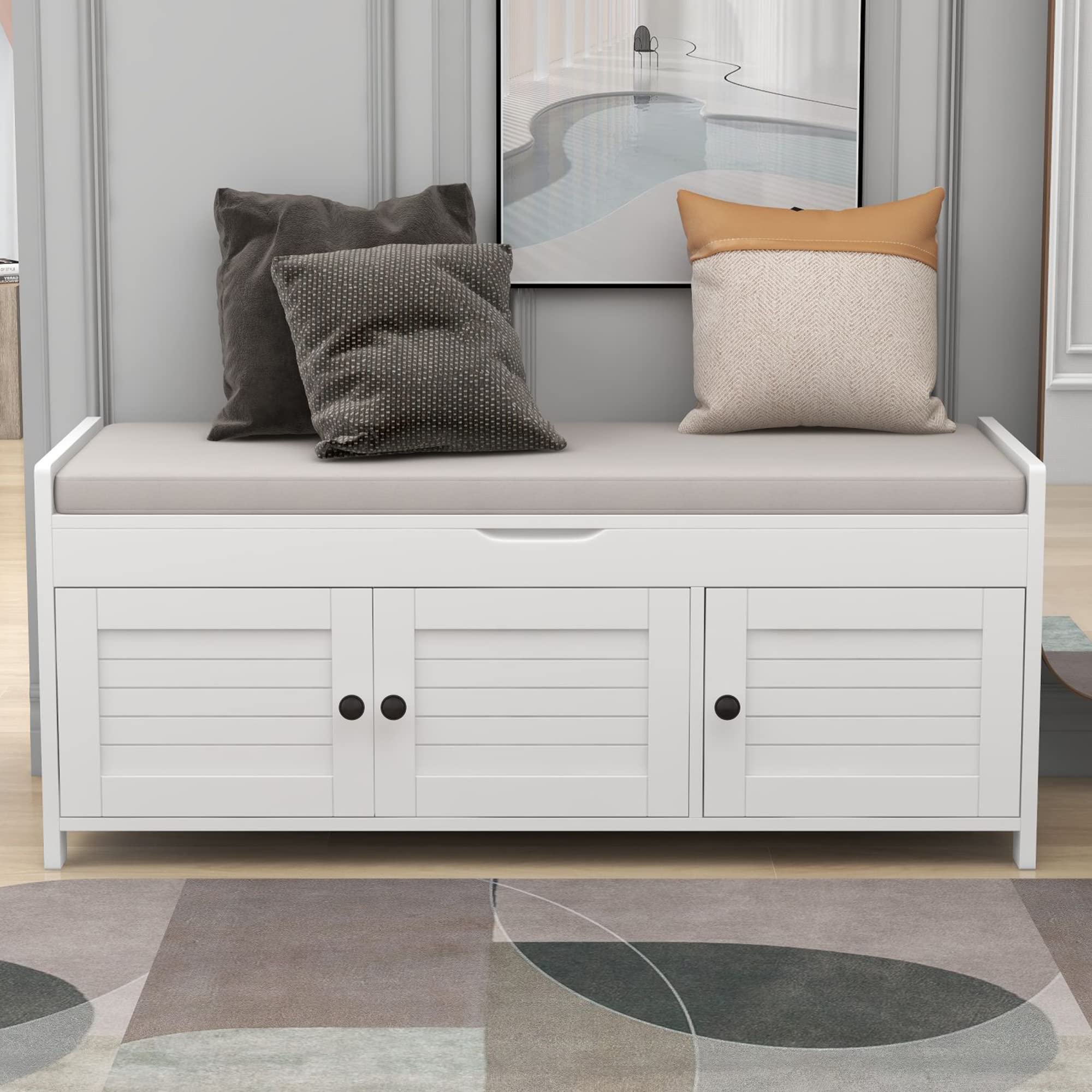 P PURLOVE Wooden Entryway Storage Bench with 3 Shutter Doors - Shoe Bench with 2-Size Storage, Removable Cushion & Hidden Compartment | Perfect for Hallway, Mudroom & Living Room Organization