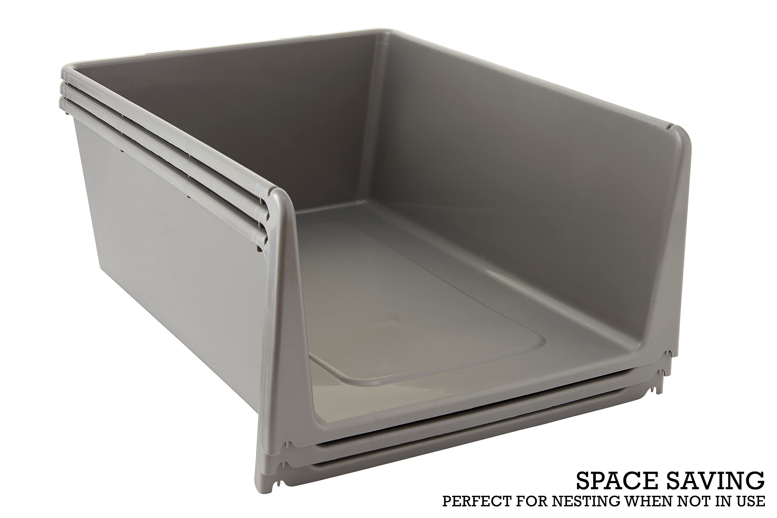 Stackable Open Front Storage Bins - 3 Pack Grey Organizing Containers (15.2