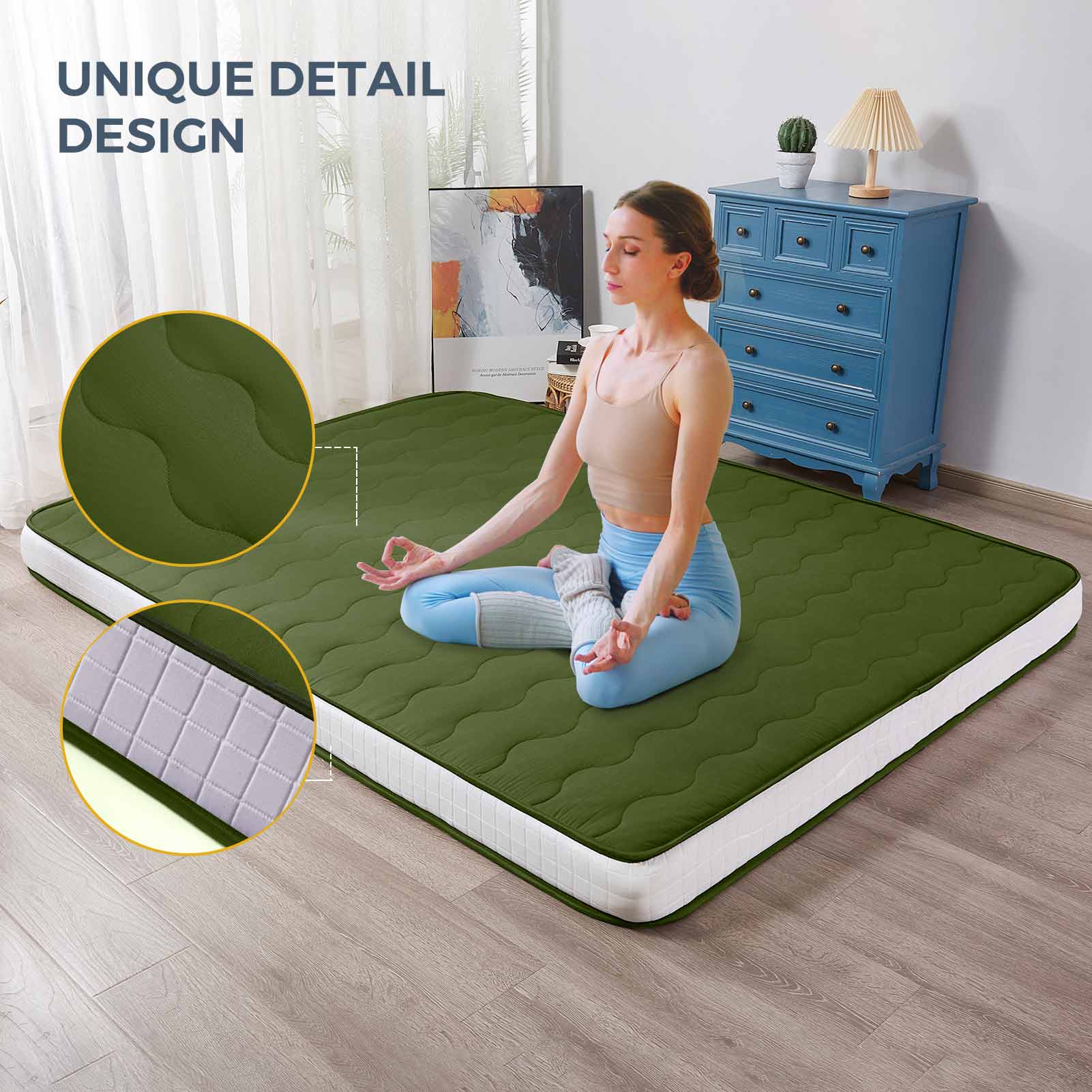 MAXYOYO 6-Inch Extra Thick Japanese Floor Futon Mattress - Premium Diamond Quilting Design for Bedroom, Guest Room & Small Spaces - Green (Queen Size) | Ideal for Apartments, Dorms, Sleepovers & Minimalist Living