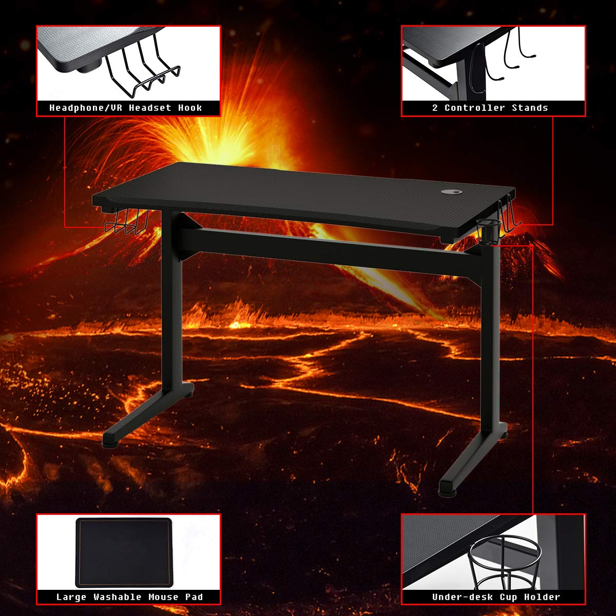 Tangkula Gaming Desk - Ergonomic Computer Desk for Gamers with Cup Holder, Headphone Stand & Mouse Pad, Carbon Fiber Surface & T-Shape Steel Frame - Perfect for Esports, Streaming & Home Office (Black)