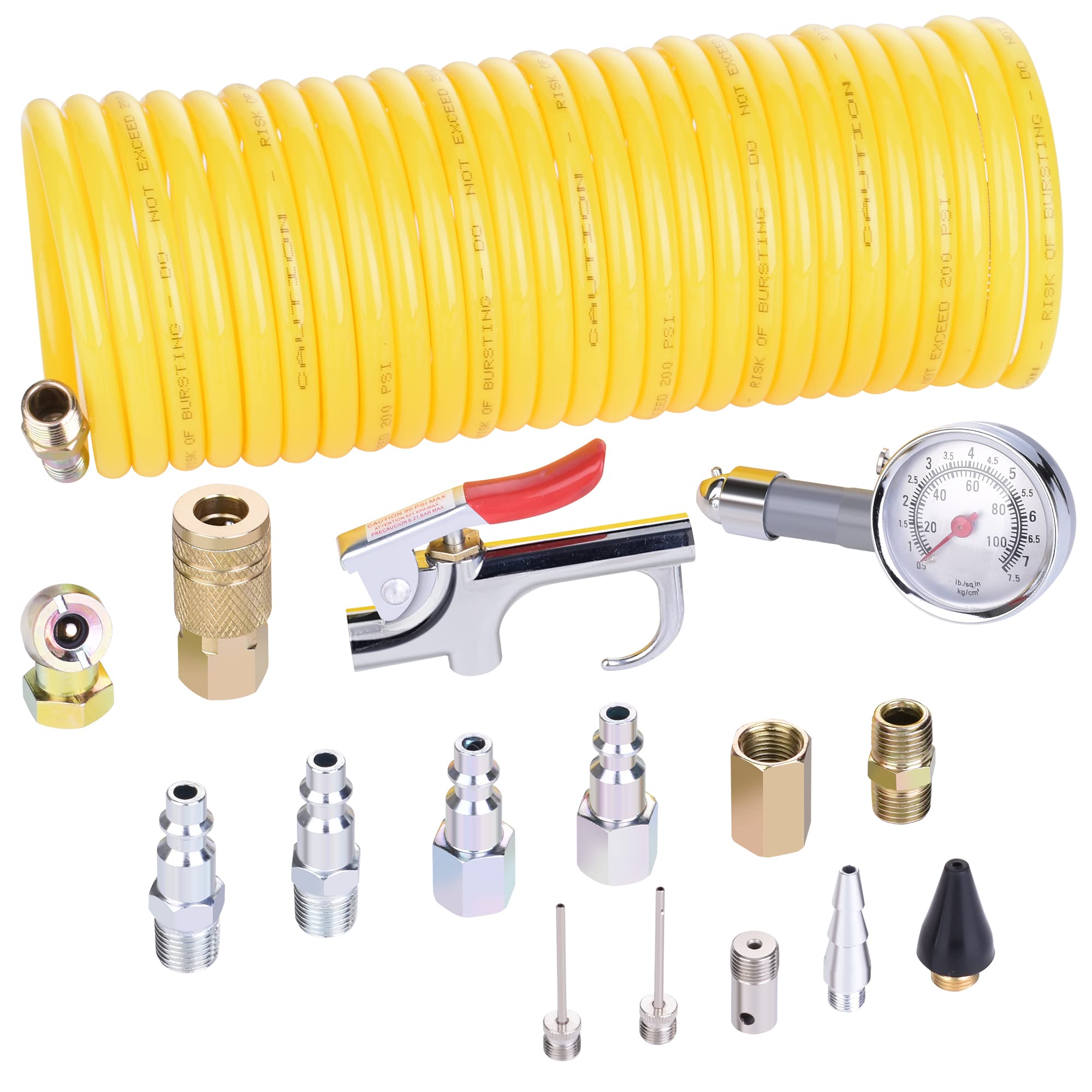16-Piece Air Compressor Accessories Kit - 1/4 Inch x 25 Feet Recoil Nylon Hose, 1/4
