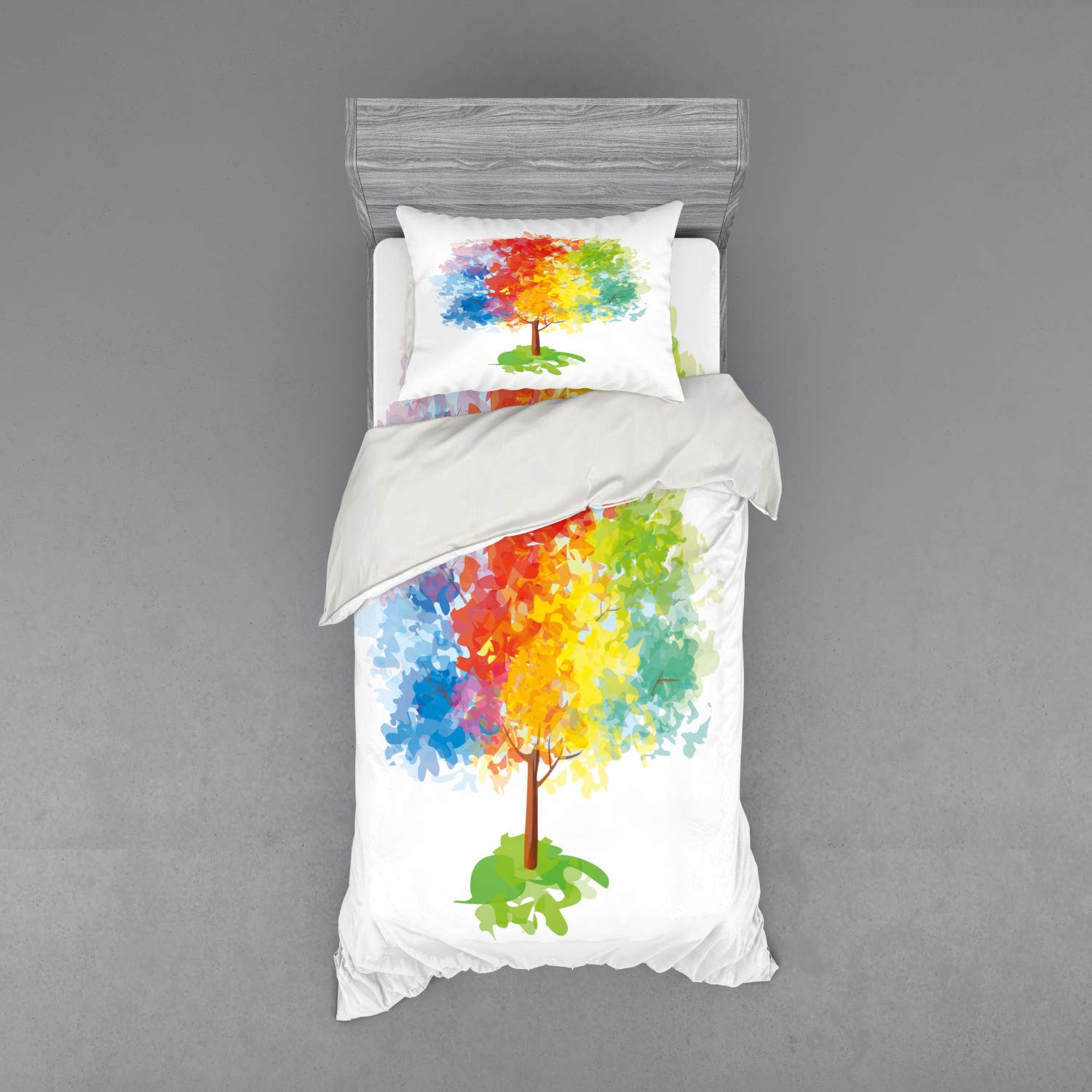 Ambesonne Rainbow Duvet Cover Set - Multicolor Abstract Tree Design with Blooming Nature Imagery | 3-Piece Twin Size Bedding Set with Sham & Fitted Sheet | Perfect for Kids' Rooms, Guest Bedrooms & Bohemian Home Decor