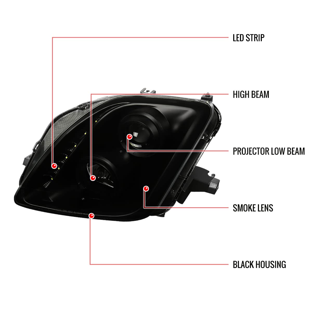97-01 Black Smoke LED Strip Projector Headlights - Left & Right Pair for 1997-2001 Vehicles | Upgrade Your Car's Style & Night Visibility