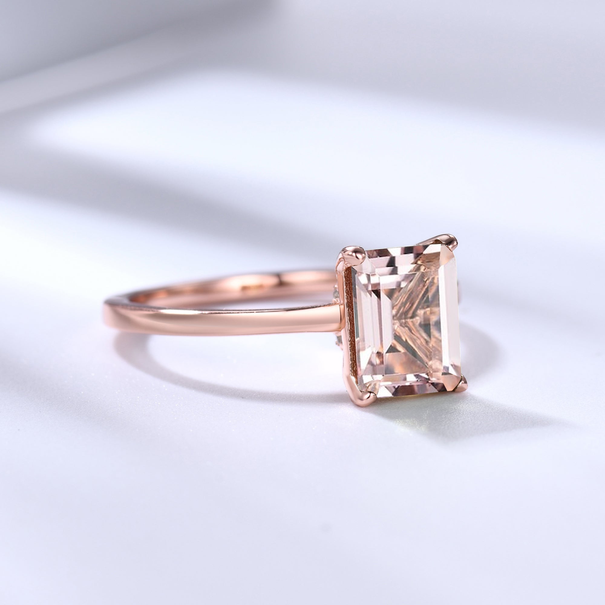 6x8mm Emerald Cut Morganite Solitaire Engagement Ring with Diamond Hidden Halo - Perfect for Proposals, Anniversaries & Bridal Jewelry