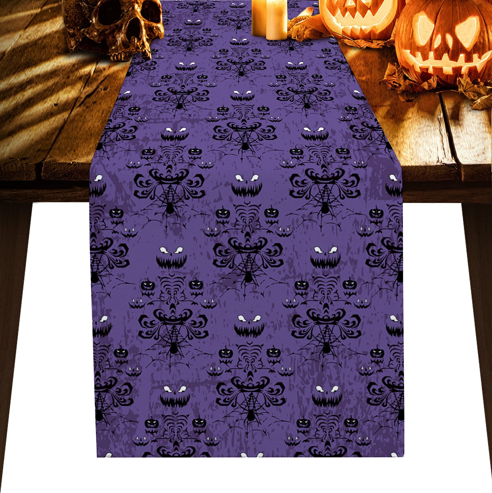 Ghost Purple Modern Art Burlap Table Runner - 13x120 Inch Farmhouse Style Dining Table Decor for Dinner Parties, Holidays & Home Decoration | Perfect for Thanksgiving, Christmas & Rustic Weddings
