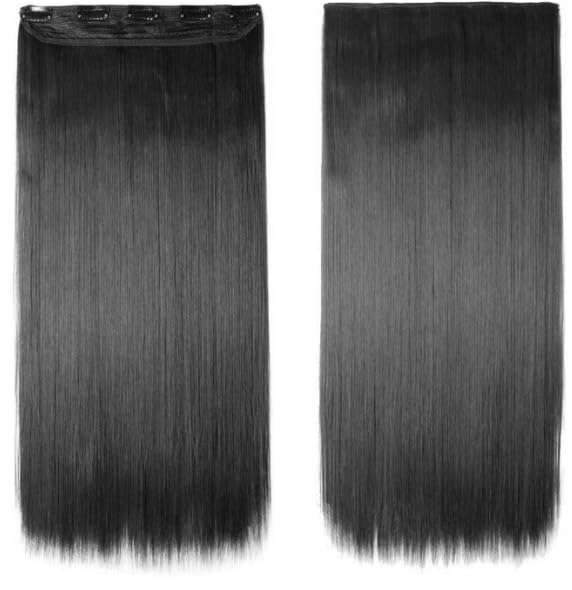 C & C Women's 24 Inch Black Straight Clip-in Hair Extensions (5 Clips, 150g) - Natural Looking Synthetic Hair for Volume & Length - Perfect for Parties, Weddings & Daily Styling