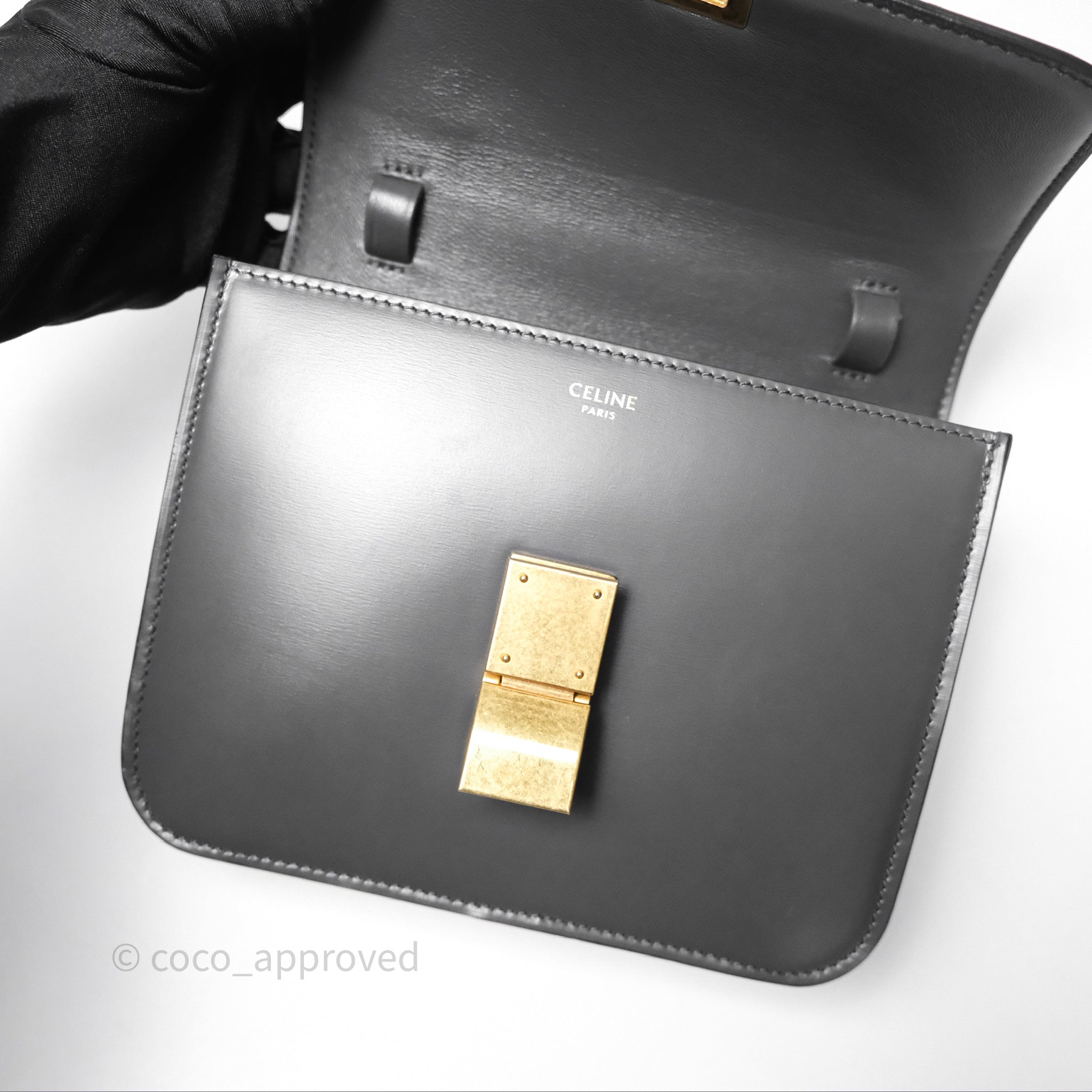 Celine Teen Classic Box Flap Bag in Dark Grey Box Calfskin Leather - Perfect for Work, Travel & Everyday Use