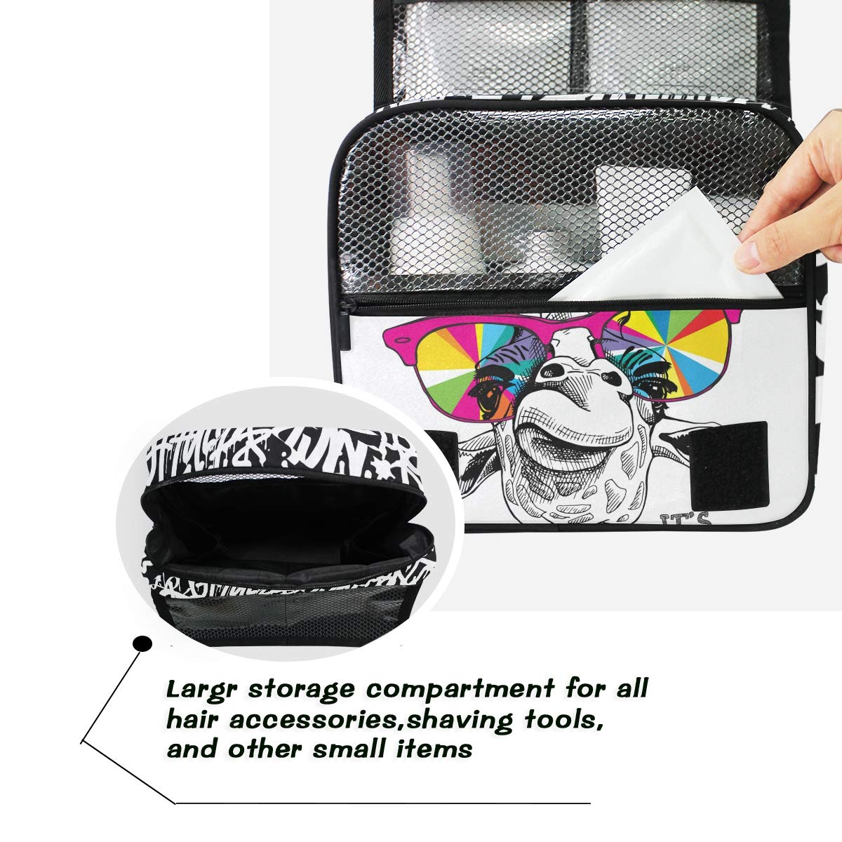 MOYYO Giraffe Print Waterproof Hanging Toiletry Bag - Travel Cosmetic Organizer for Women & Men, Portable Shower Pouch for Makeup, Toiletries & Essentials - Perfect for Vacation, Camping & Gym Use