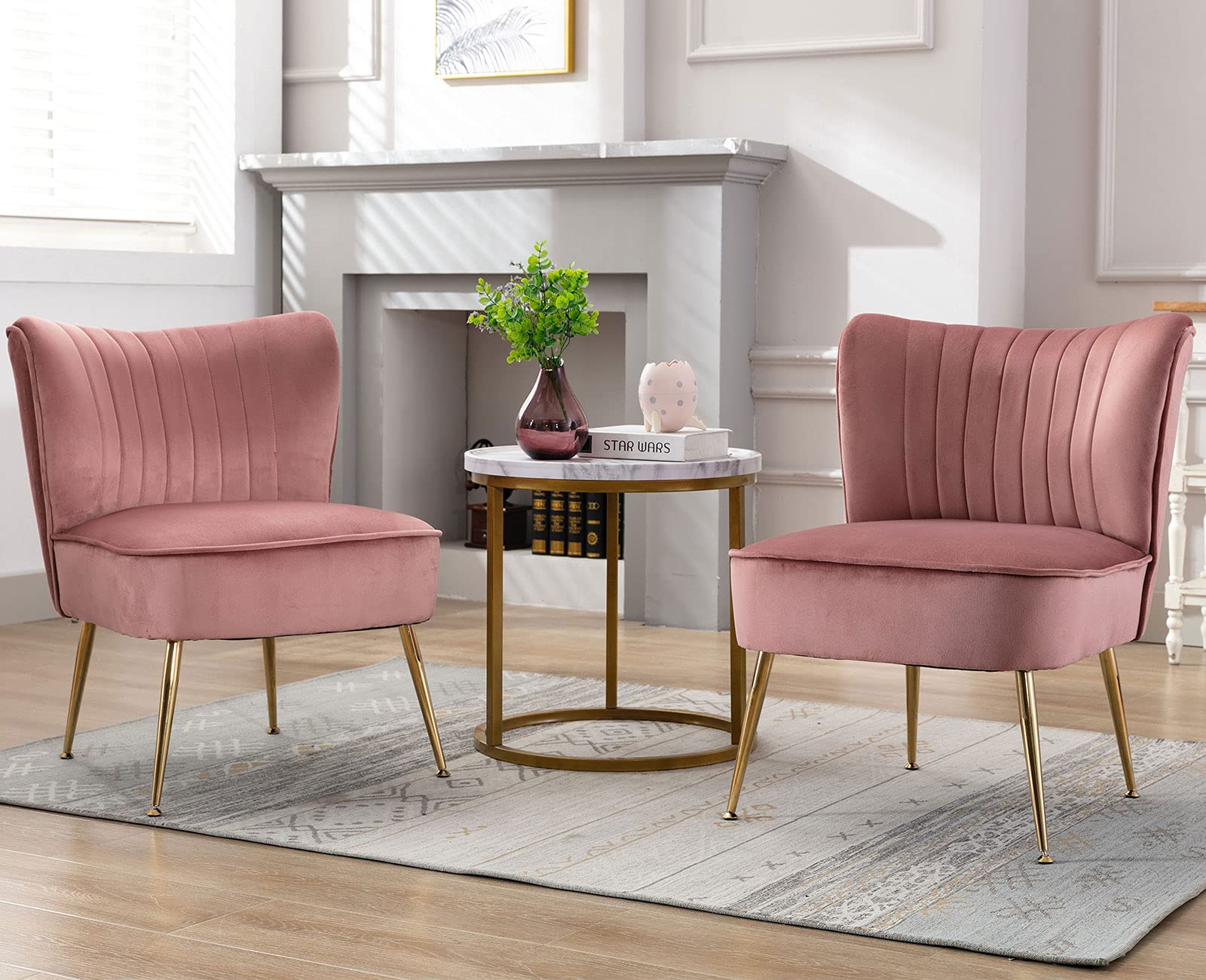 Velvet Accent Chairs Set of 2 - Mid Century Modern Upholstered Side Chairs with Golden Legs for Living Room, Guest Room & Bedroom - Comfy Armless Wingback Sofa Chairs in Pink - Perfect for Small Spaces, Reading Nooks & Cozy Corners