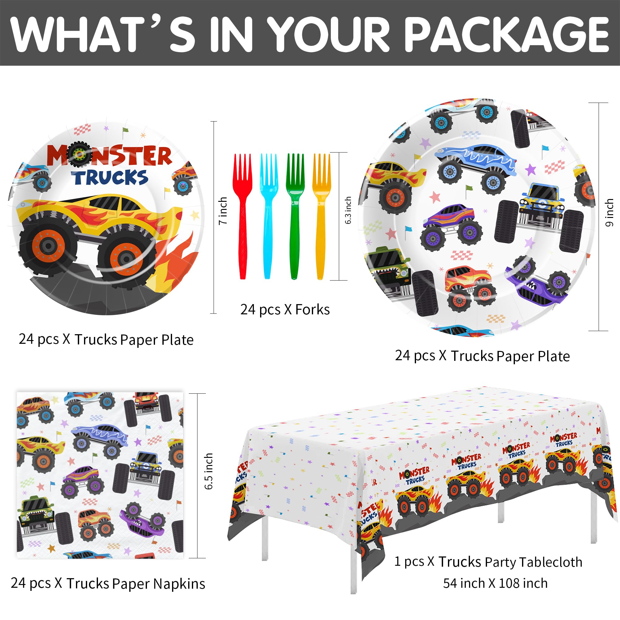 Monster Truck Birthday Party Supplies Set - 24-Piece Tableware Kit with Plates, Napkins, Tablecloth & Forks for Kids' Monster Jam Themed Party Decorations | Perfect for Birthday Celebrations, Themed Events & Kids' Dinner Parties