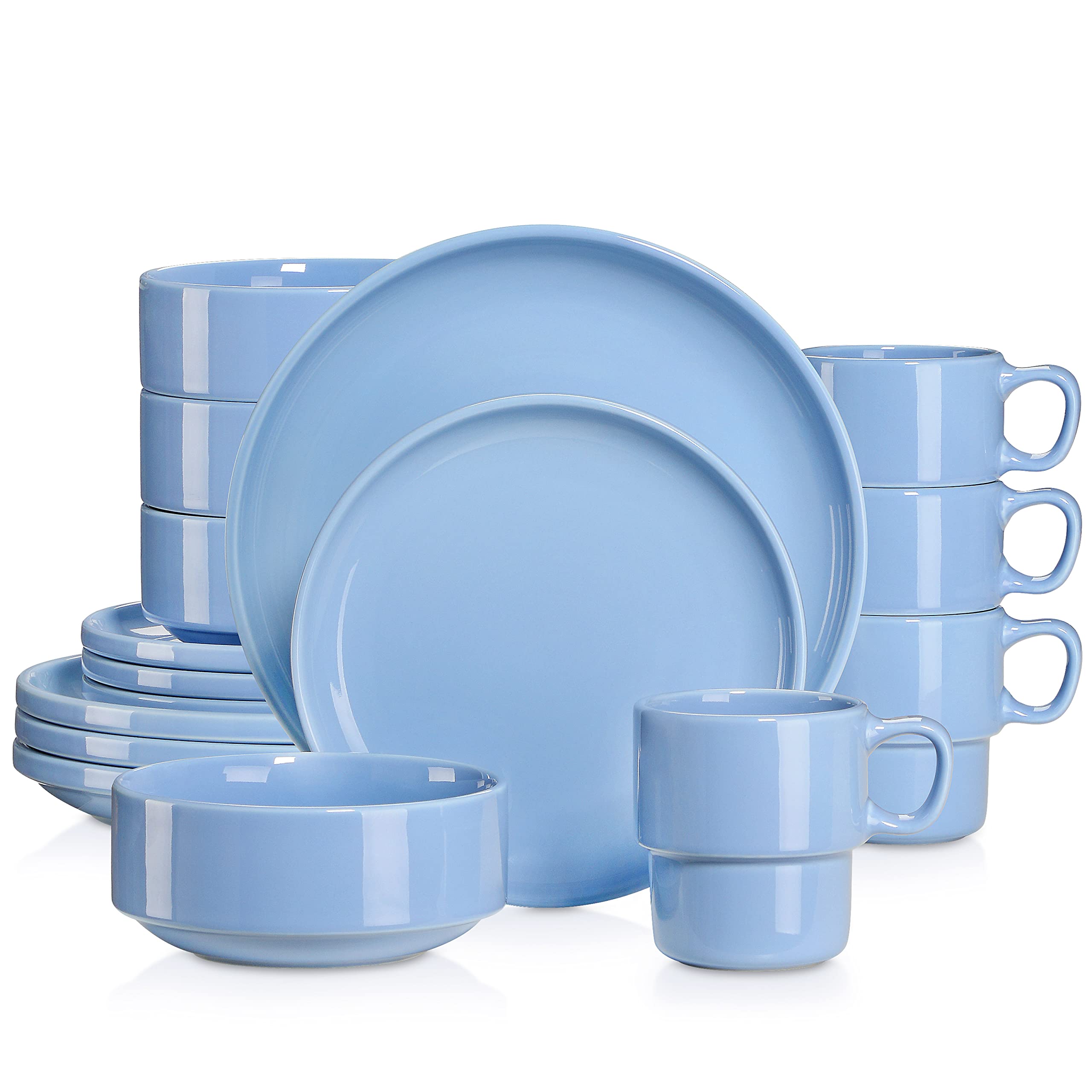 LOVECASA 16-Piece Round Porcelain Dinnerware Set for 4 - Ceramic Dish Set Includes Dinner Plates, Dessert Plates, Bowls & Mugs - Dishwasher & Microwave Safe - Pale Purple - Perfect for Family Meals, Dinner Parties & Everyday Use