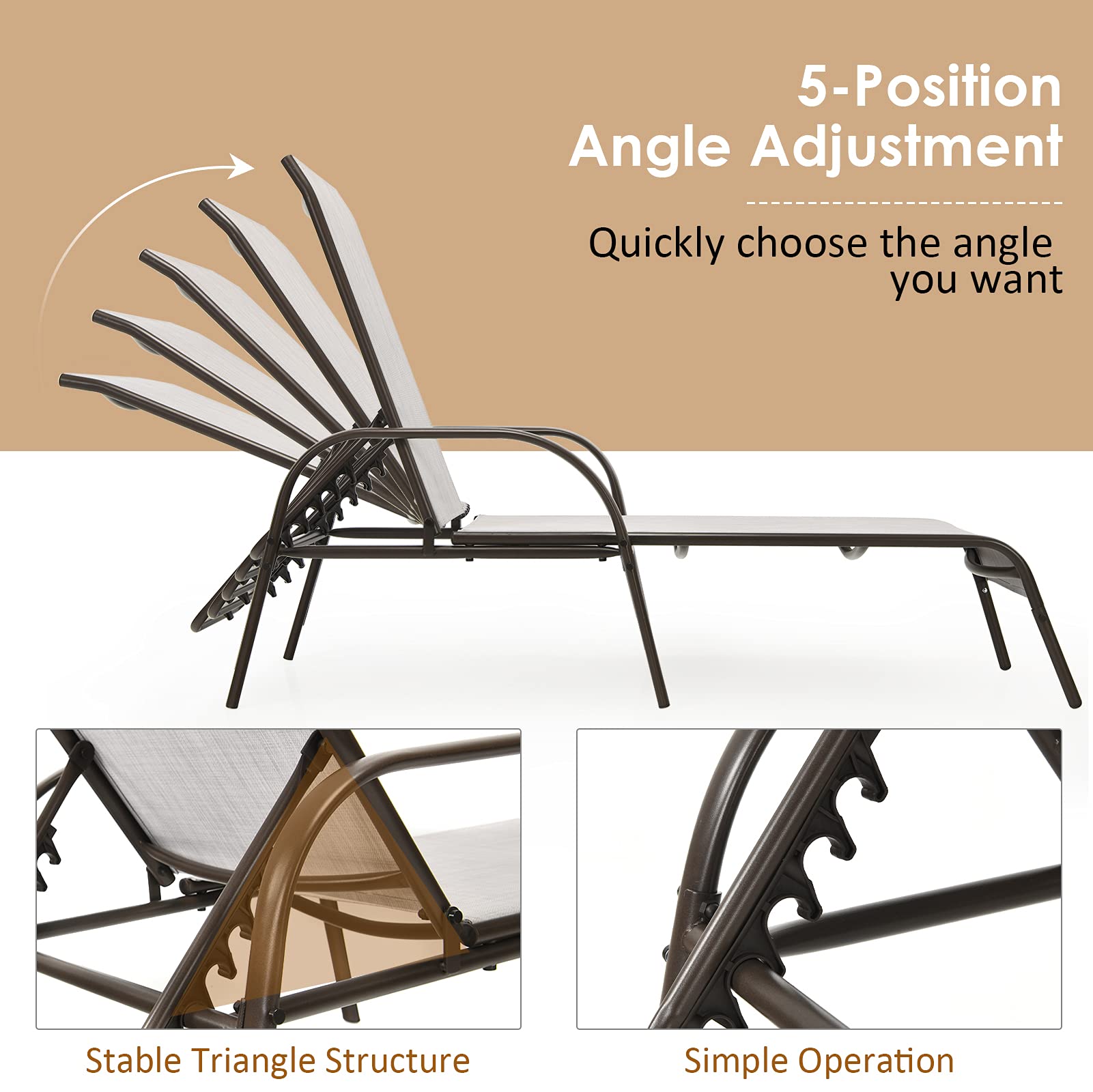 Tangkula Adjustable Reclining Outdoor Lounge Chair - Heavy Duty Steel Frame Patio Chaise for Poolside, Beach, Yard & Balcony | Perfect for Sunbathing, Relaxing & Lounging by the Pool or Garden