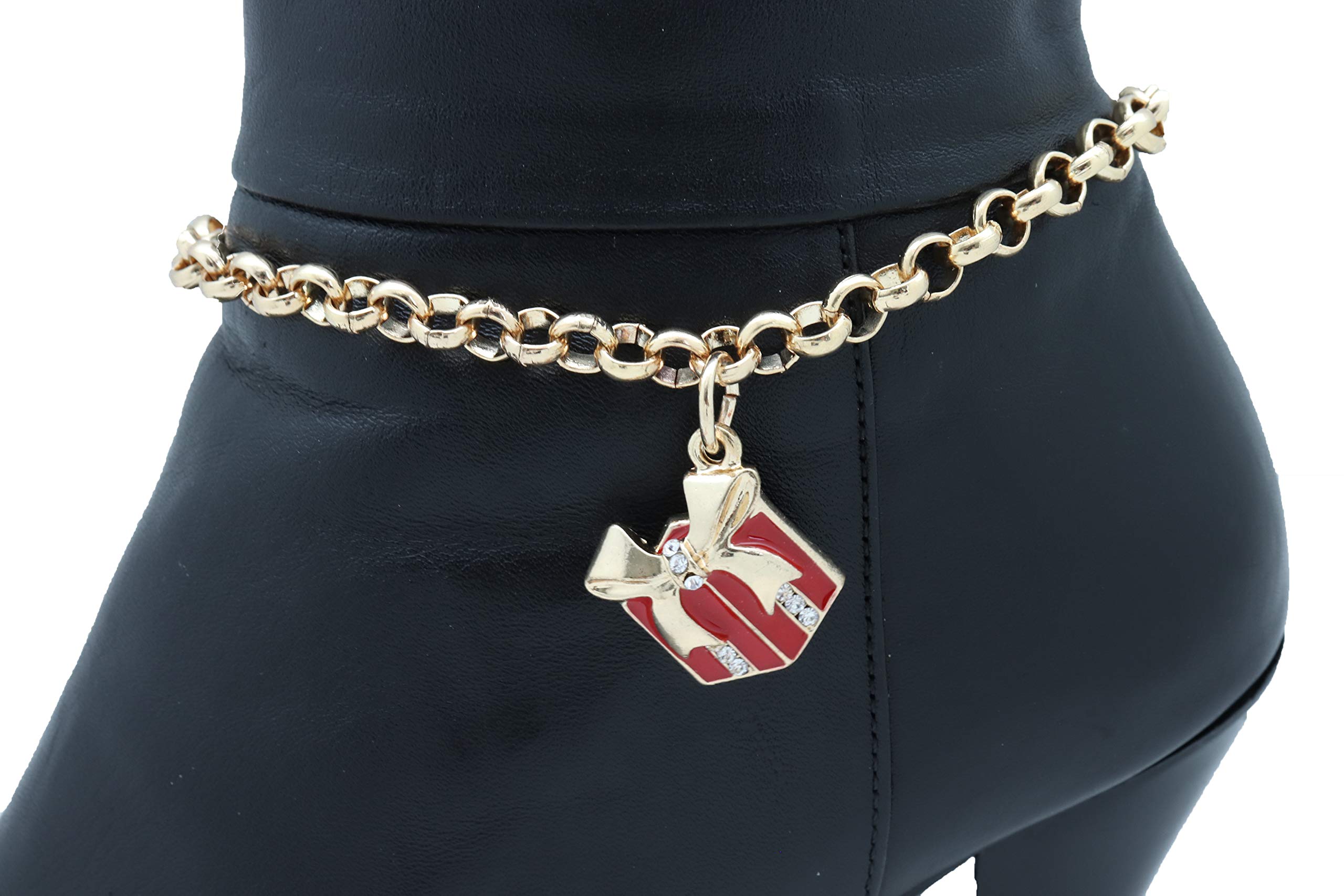 TFJ Women's Western Boot Chain Gold Metal Bling Bracelet Anklet Shoe Charm - Christmas Red Gift Style for Cowgirl Fashion & Holiday Parties
