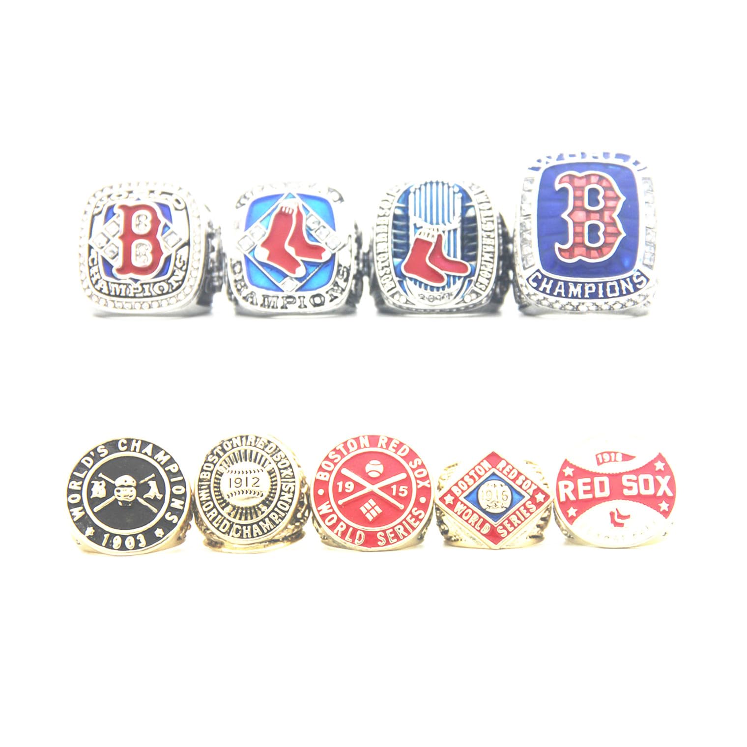 Valman Red Sox 9-Time World Champions Rings Set with Wooden Box - Boston Championship Ring Gift for Men, Women, Kids & Fathers - Perfect for Baseball Fans, Sports Collectors & Anniversary Gifts