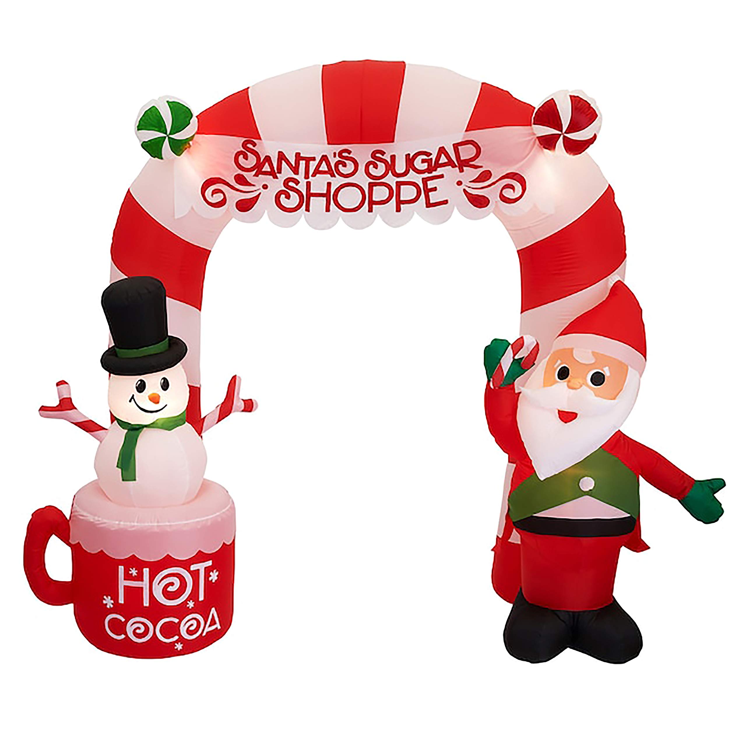 Gemmy 9Ft Wide x 7Ft Tall Inflatable Santa with Snowman Christmas Decoration - Hot Chocolate Scene with Candy Cane Archway - Indoor Outdoor Holiday Decor for Yard, Garden & Home