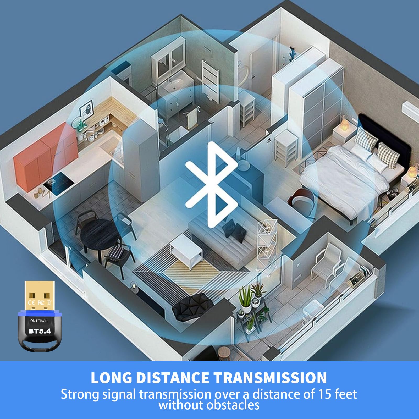 USB Bluetooth 5.4 Adapter for PC - Plug & Play Wireless Dongle with BR+EDR+BLE+LMP13.X Support - Long Range Bluetooth Receiver for Windows 11/10/8.1 - Compatible with Desktop, Laptop, Keyboard, Mouse & Headset (Blue) - Perfect for Home Office, Gaming & Wireless Audio Setup