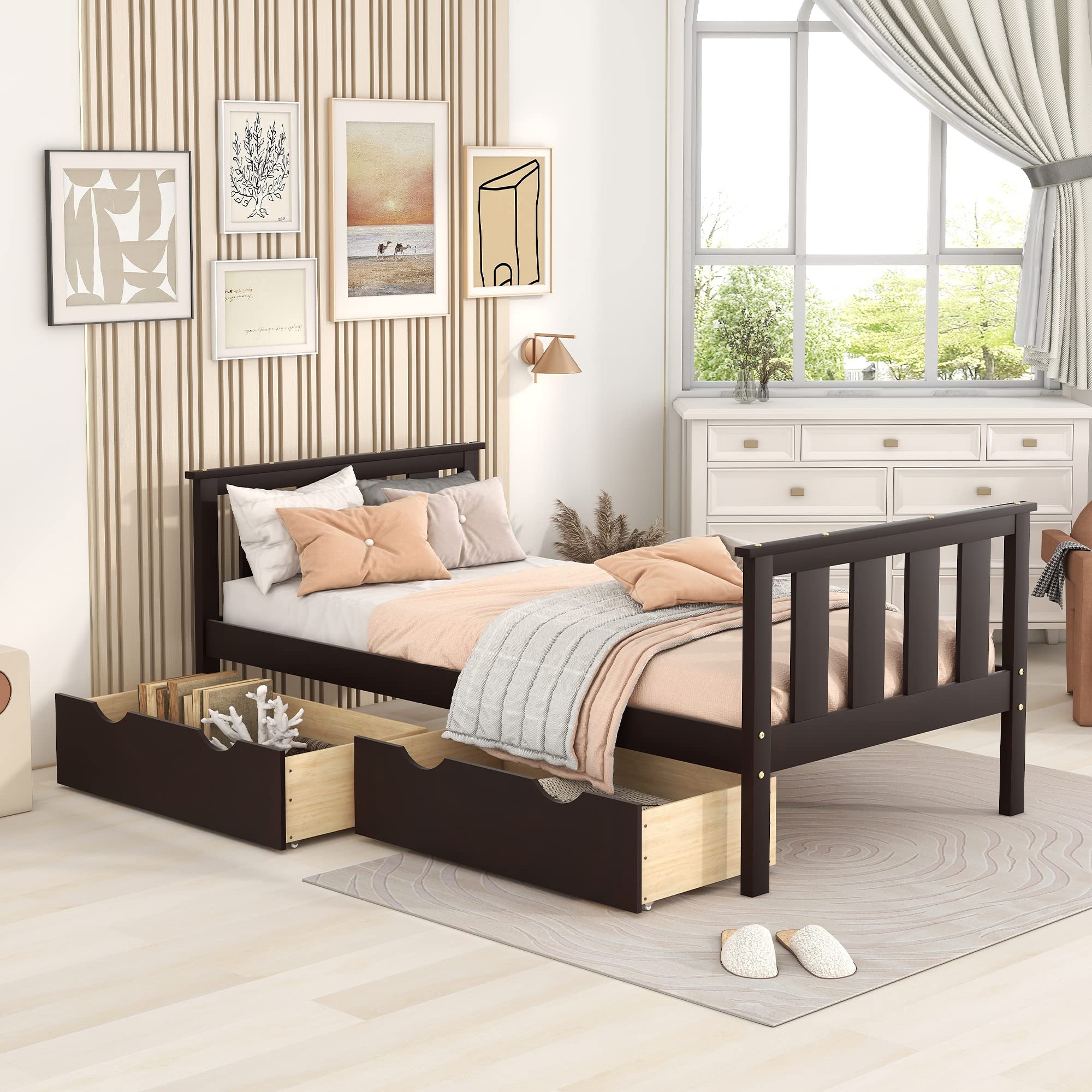 Twin Size Wooden Platform Bed Frame with 2 Storage Drawers, Headboard & Footboard - Classic Slatted Design for Kids Room, Boys & Girls Bedroom (Twin, Espresso) | Space-Saving Storage Solution for Small Bedrooms & Dorm Rooms