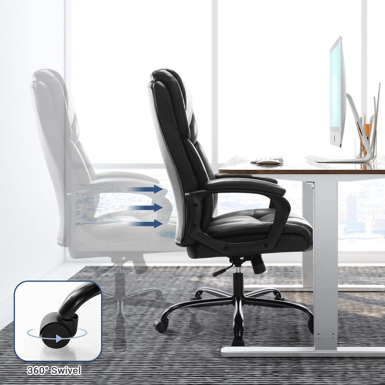 Premium High Back Executive Office Chair - Adjustable Ergonomic Managerial Swivel Task Chair with Lumbar Support, PU Leather, Rolling Casters - Perfect for Home Office, Computer Work & Conference Rooms (Black)