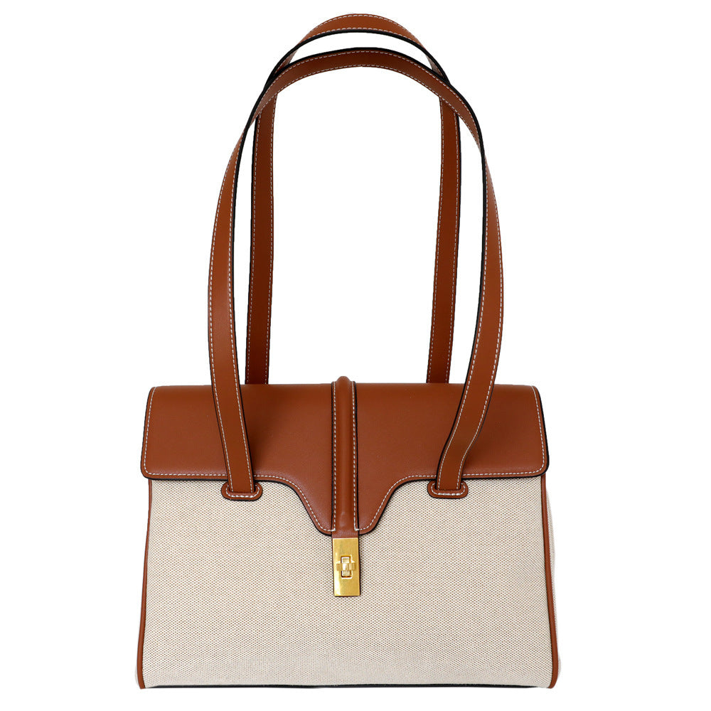 Genuine Leather Shoulder Bag with Canvas Lock Design - Stylish Tote Purse for Women | Perfect for Work, Travel & Everyday Use