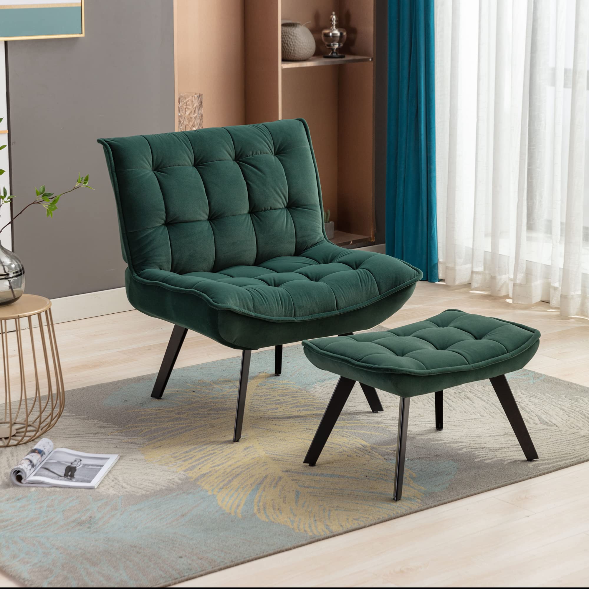 Velvet Accent Chair with Ottoman - Dark Green Upholstered Lounge Chair with Metal Legs for Living Room, Bedroom, Office | Modern Club Chair for Relaxing & Reading