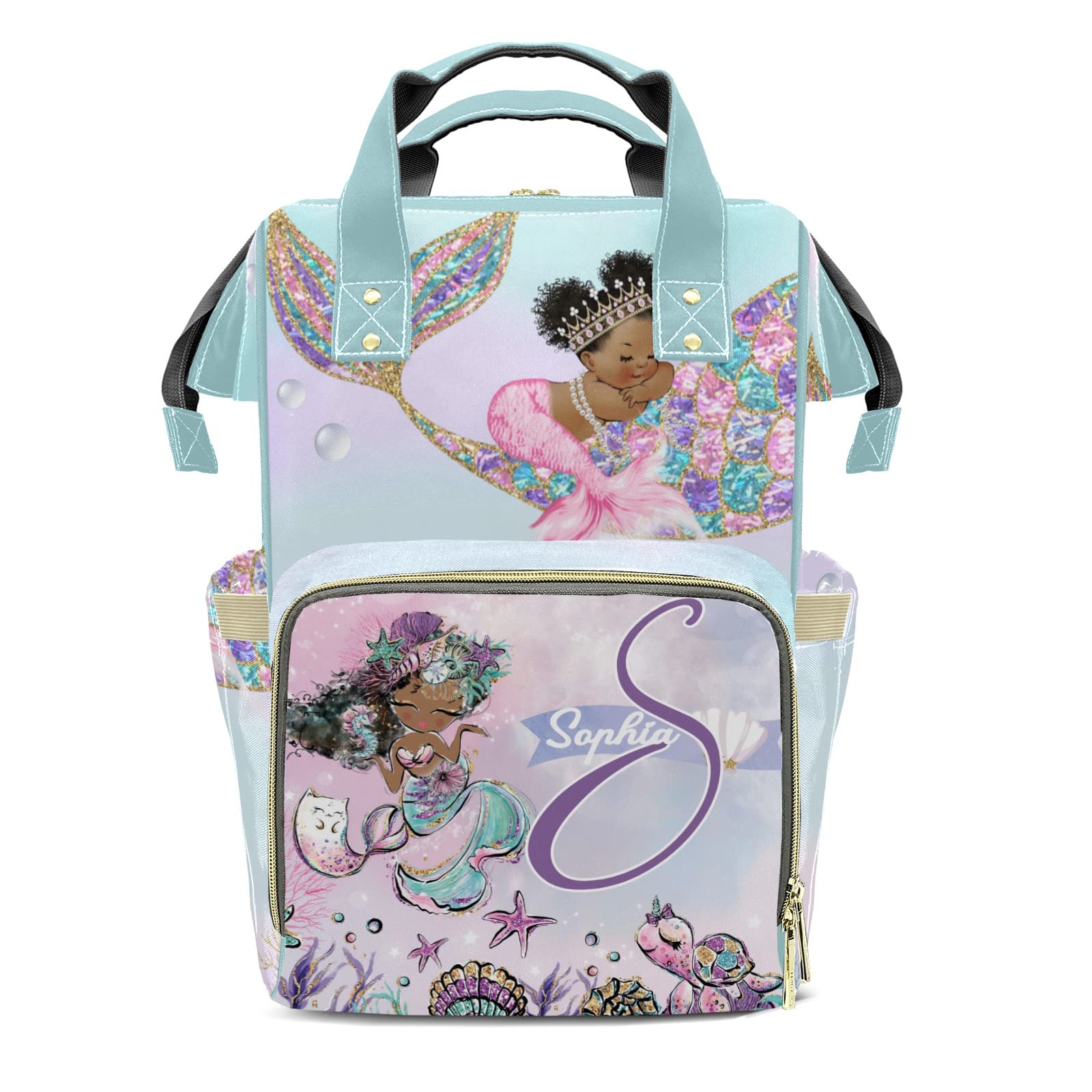 Stylish African Print Mermaid & Turtle Diaper Backpack - Personalized Baby Bag for Nursing Moms & Dads, Waterproof Diaper Tote with Bling Design - Perfect for Daycare, Travel & Baby Showers
