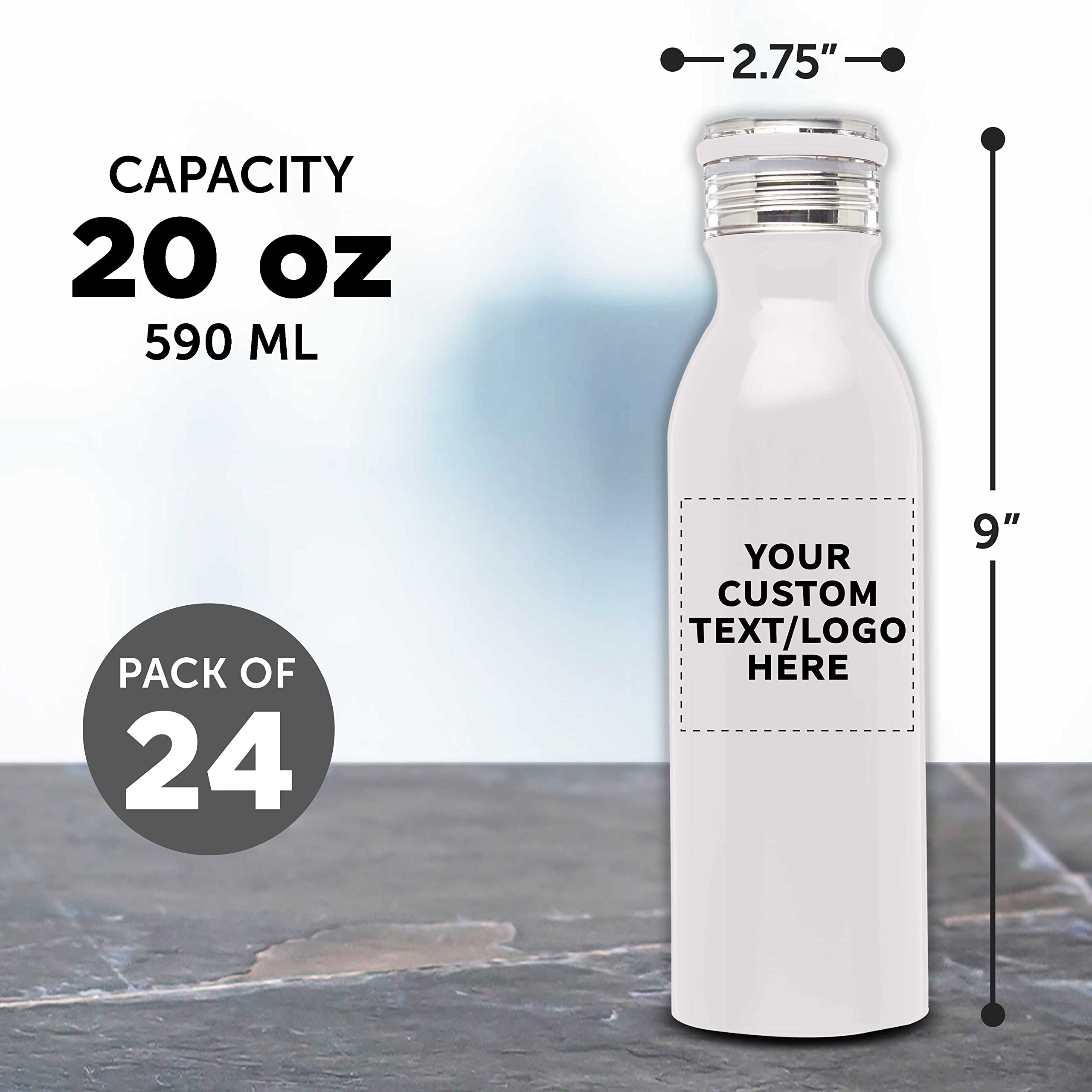 Echo 20 oz Custom Stainless Steel Water Bottles - Double Wall Insulated Bulk Pack of 24 - Personalized for Coffee, Tea, Soda & Cold Drinks - Perfect for Office, Gym, School & Outdoor Activities - White