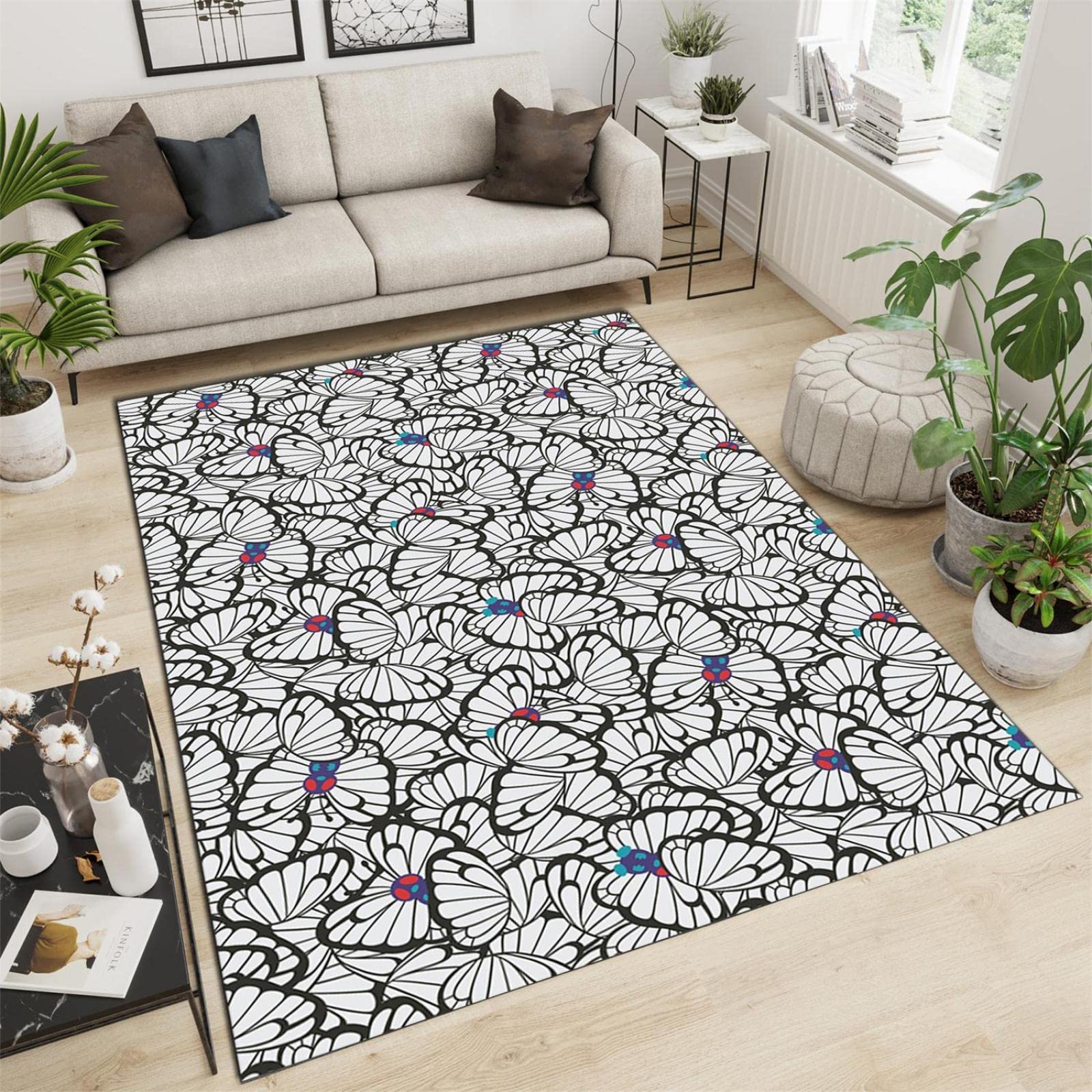 5x7ft Black and White Butterfly Area Rug - Soft, Durable & Skin-Friendly for Living Room, Bedroom, Dining Room - High Traffic Modern Home Decor for Cozy Spaces