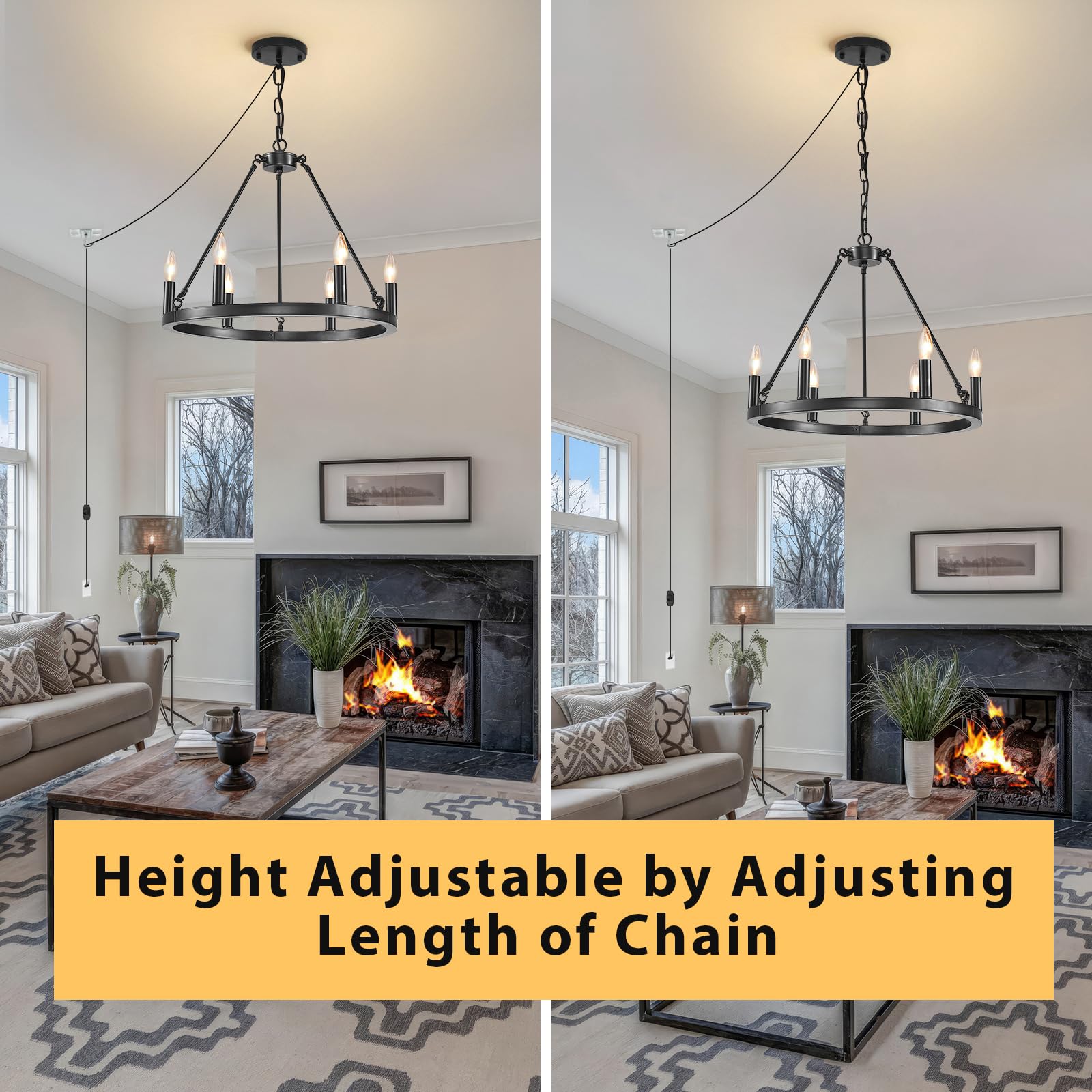 HOXIYA 6-Light Dimmable Plug-in Wagon Wheel Chandelier - 20.5