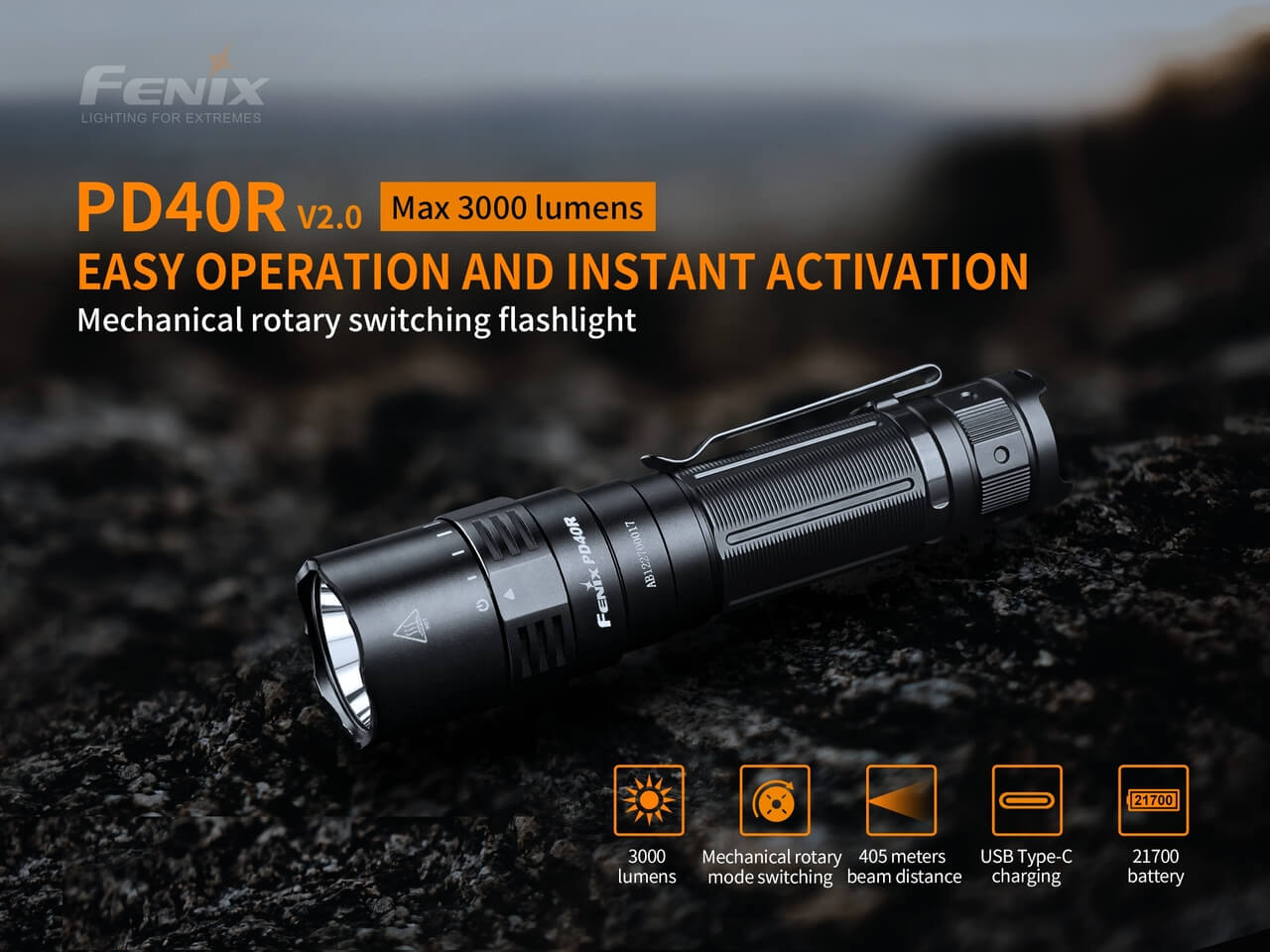 Fenix PD40R V2.0 Rechargeable LED Flashlight - 3000 Lumens, Waterproof Tactical Light for Camping, Hiking & Emergency Use