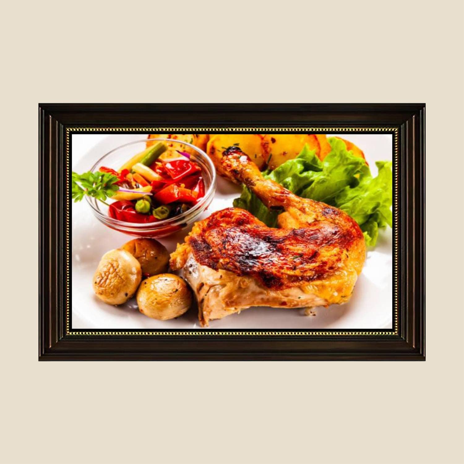 Vintage Roast Chicken & Fried Potatoes Canvas Wall Art Print - 24x36 Inch Framed Kitchen Decor Poster - Ready to Hang for Dining Room, Restaurant & Home Decor - Retro Food Painting for Farmhouse & Country Style Interiors