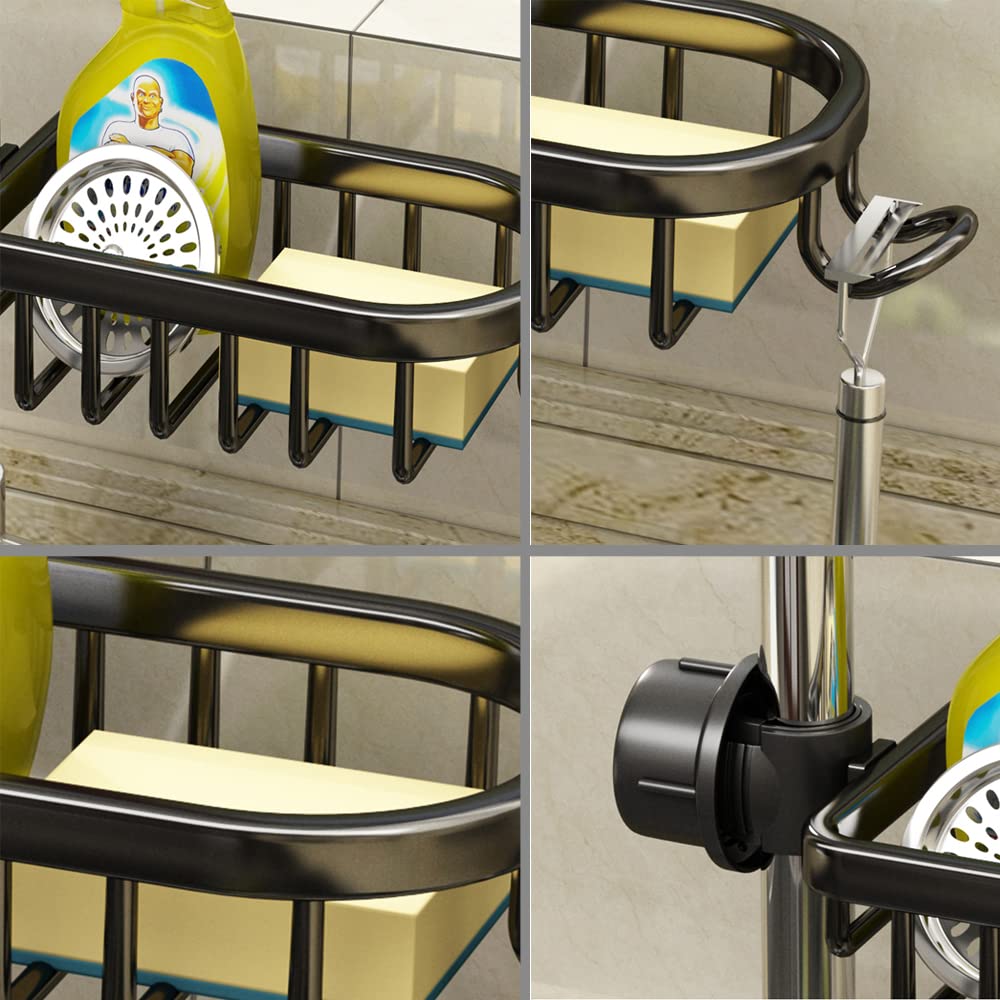 Upgraded Faucet Sponge Holder with Dish Towel Drying Rack & Hooks - Over Sink Organizer for Kitchen, Double Silver - Perfect for Small Spaces & Clutter-Free Countertops