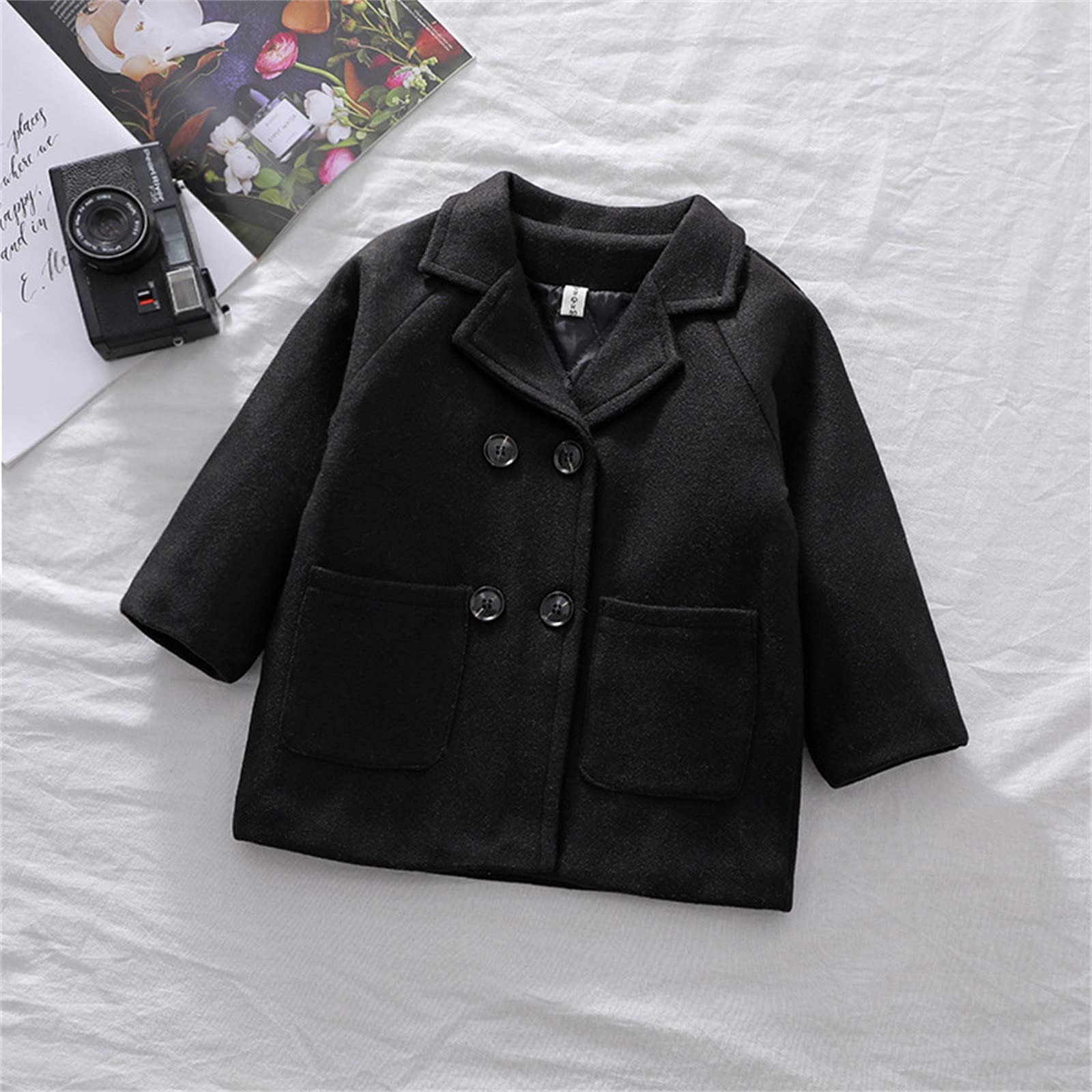 Stylish Toddler Plaid Wool Coat for Baby Girls & Boys - Elegant Notched Collar Double-Breasted Jacket, Perfect for Winter Outings & Family Photos