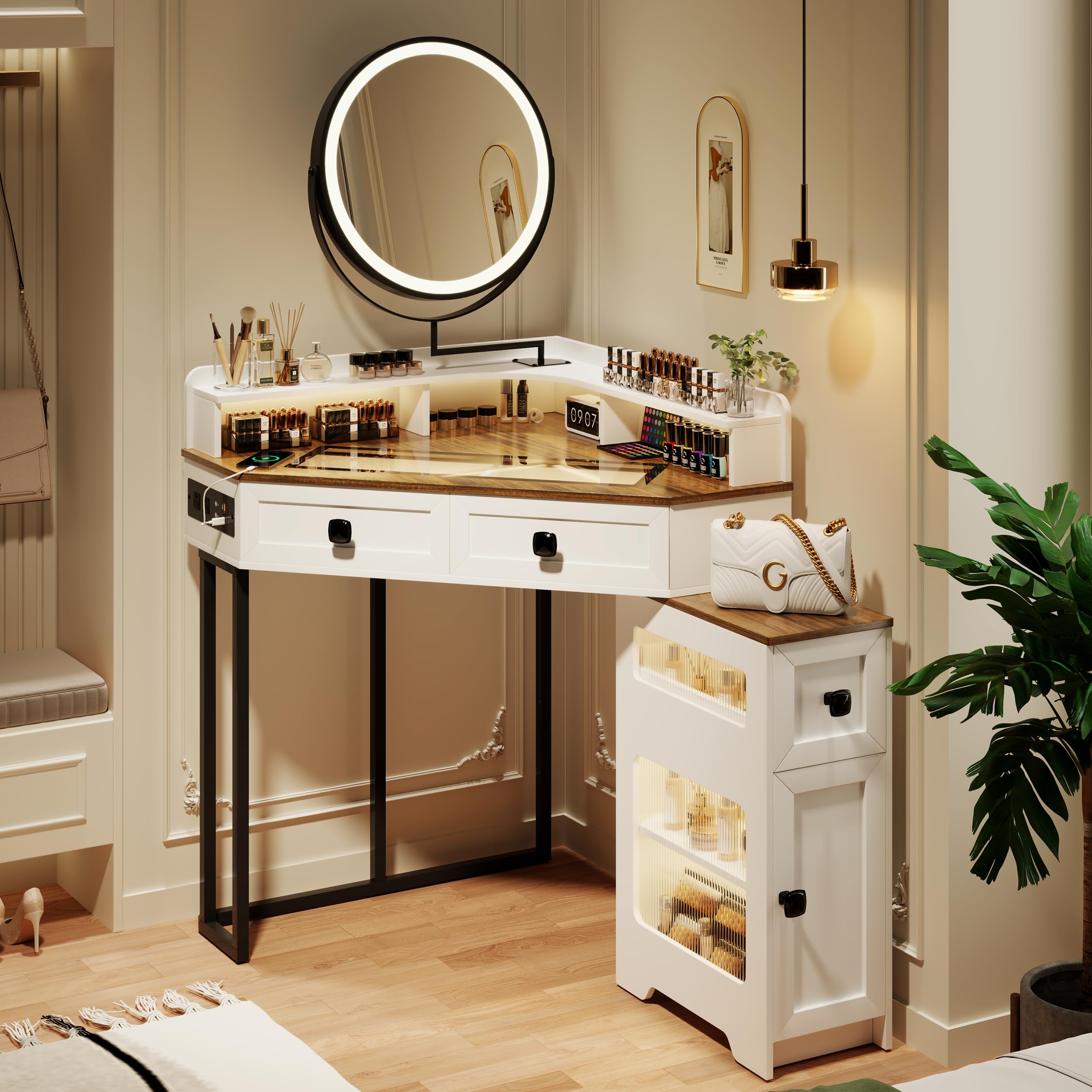 Modern White Corner Vanity with Mirror & LED Lights - Makeup Dressing Table with Charging Station, Glass Top & Storage Drawers for Bedroom, Cloakroom or Dressing Room - Perfect for Daily Beauty Routine & Home Decor