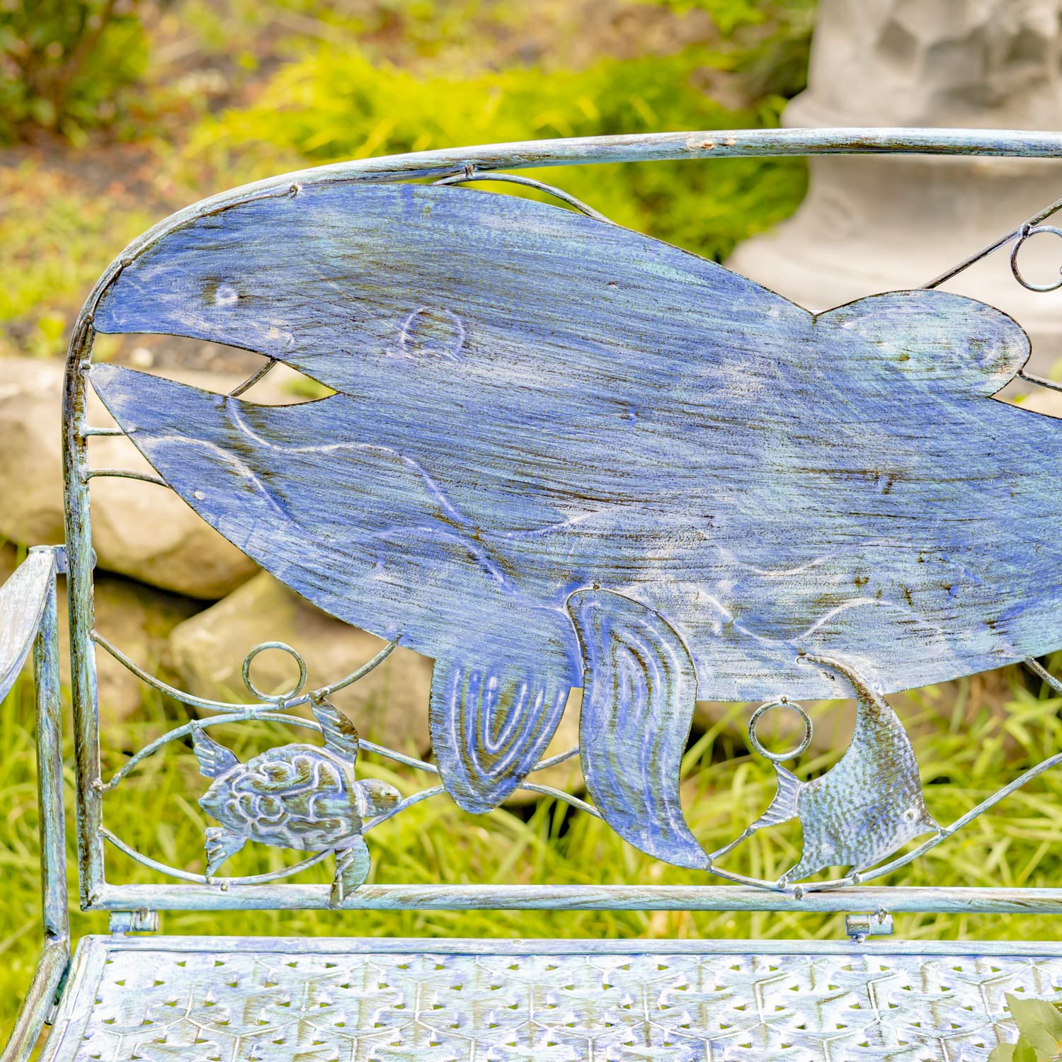 Coastal Blue Metal Outdoor Furniture Set - Modern Bench & Whale Decor for Patio, Garden, Beach House | Durable Weather-Resistant Design for Backyard, Poolside & Seaside Relaxation