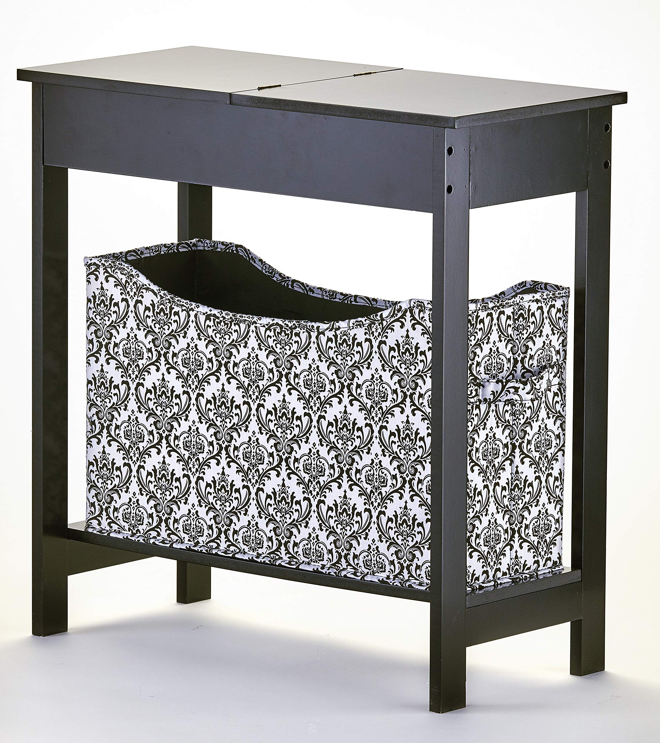 Lakeside Collection Side Table with Fashion Print Storage Bin - Black Fabric Basket | Small End Table with Storage for Living Room, Bedroom & Office