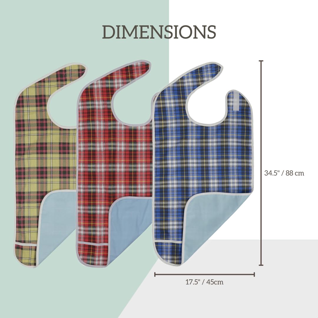 Modaliv Adult Bibs - 3 Pack Waterproof Reusable Bibs with Crumb Catcher for Seniors - Washable Extra Long Clothing Protectors for Men & Women (Blue, Beige, Red) - Perfect for Dining, Assisted Living & Mealtime Independence