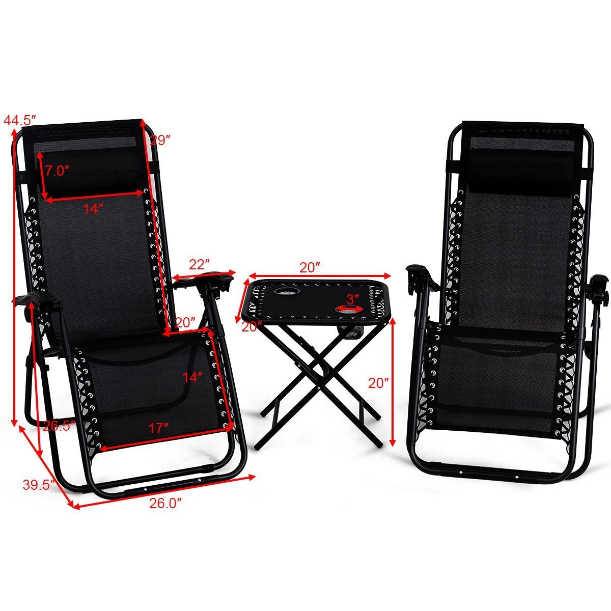Giantex 3-Piece Zero Gravity Chair Set - Patio Chaise Lounge Chairs for Outdoor, Yard, Pool - Folding Recliner with Side Table (Black) | Perfect for Backyard Relaxation, Beach Lounging & Poolside Comfort