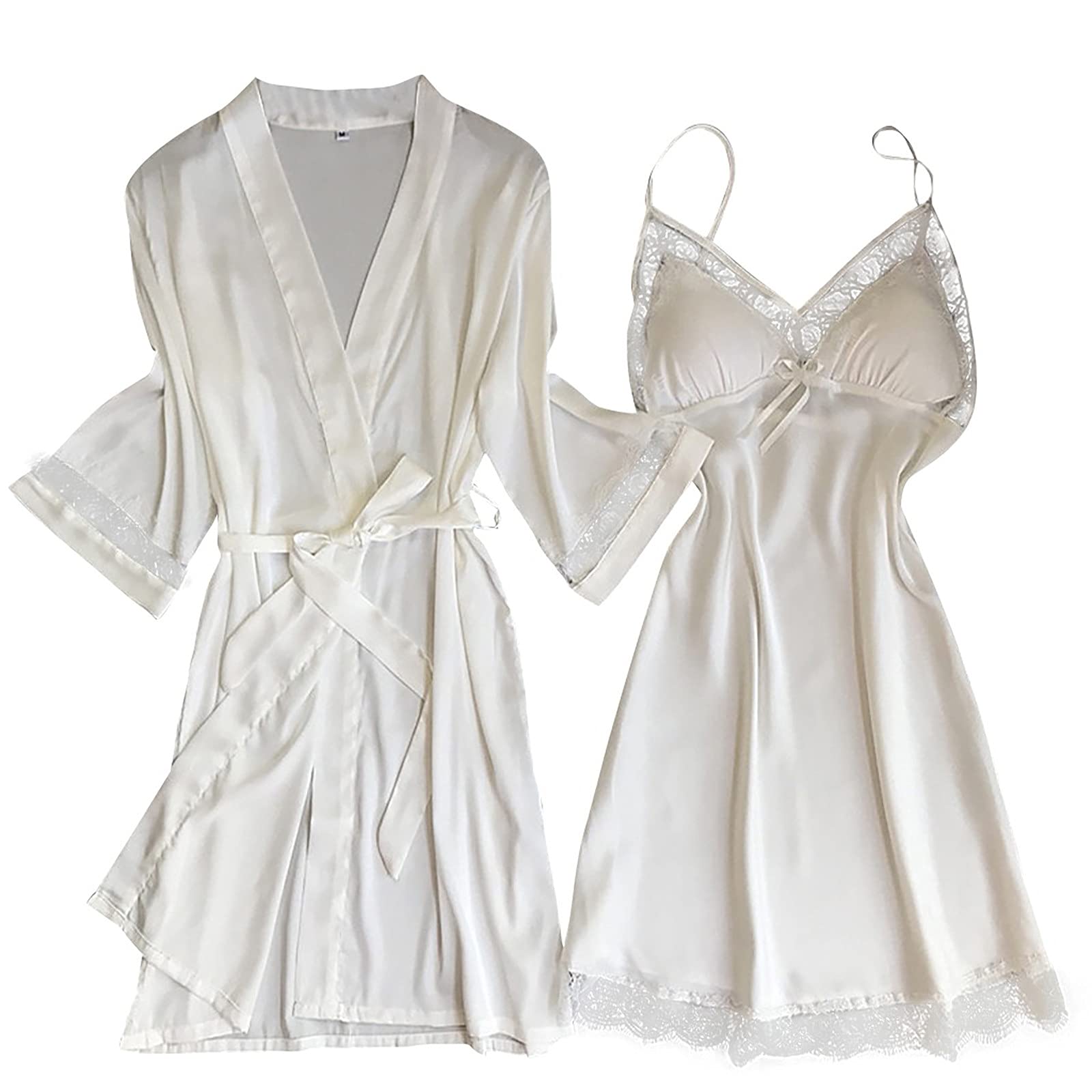 Luxury Satin Robe for Women - Soft Silk Sleepwear Nightgown Pajamas Lingerie Set - Comfortable & Sexy Loungewear for Bedtime, Bridal Shower, Honeymoon & Romantic Occasions (White, XXL)