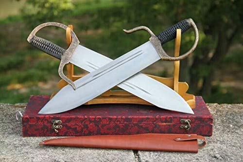 GLW Katana - Chinese Wing Chun Knives, Short Sword with Damascus Steel Blade & Leather Scabbard - Perfect for Martial Arts Training, Cosplay, and Collection Display