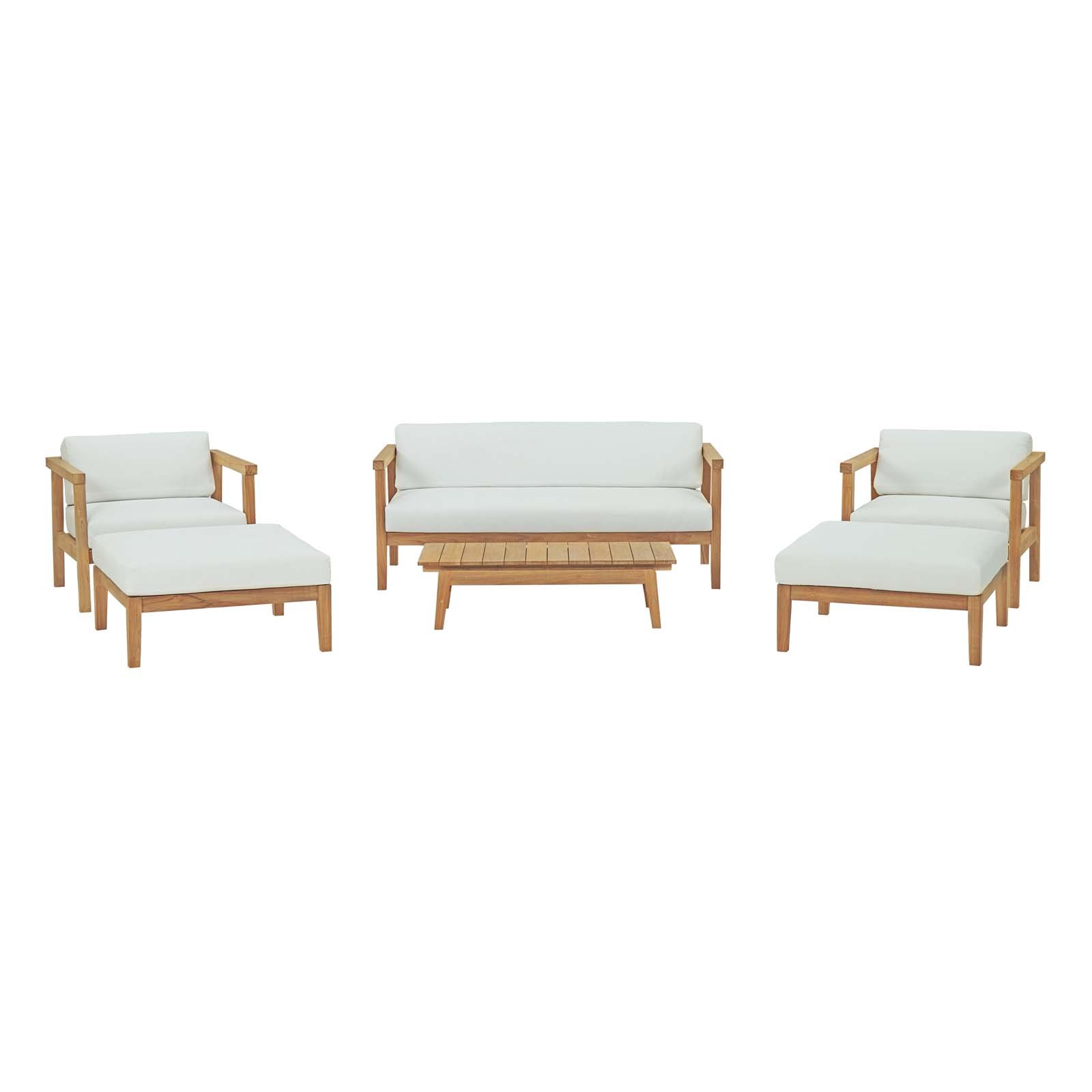 Modway EEI-3109-NAT-WHI-SET Bayport Outdoor Patio Teak Furniture Set - 2 Armchairs, 2 Ottomans, Loveseat & Coffee Table in Natural White - Perfect for Garden, Poolside & Backyard Relaxation